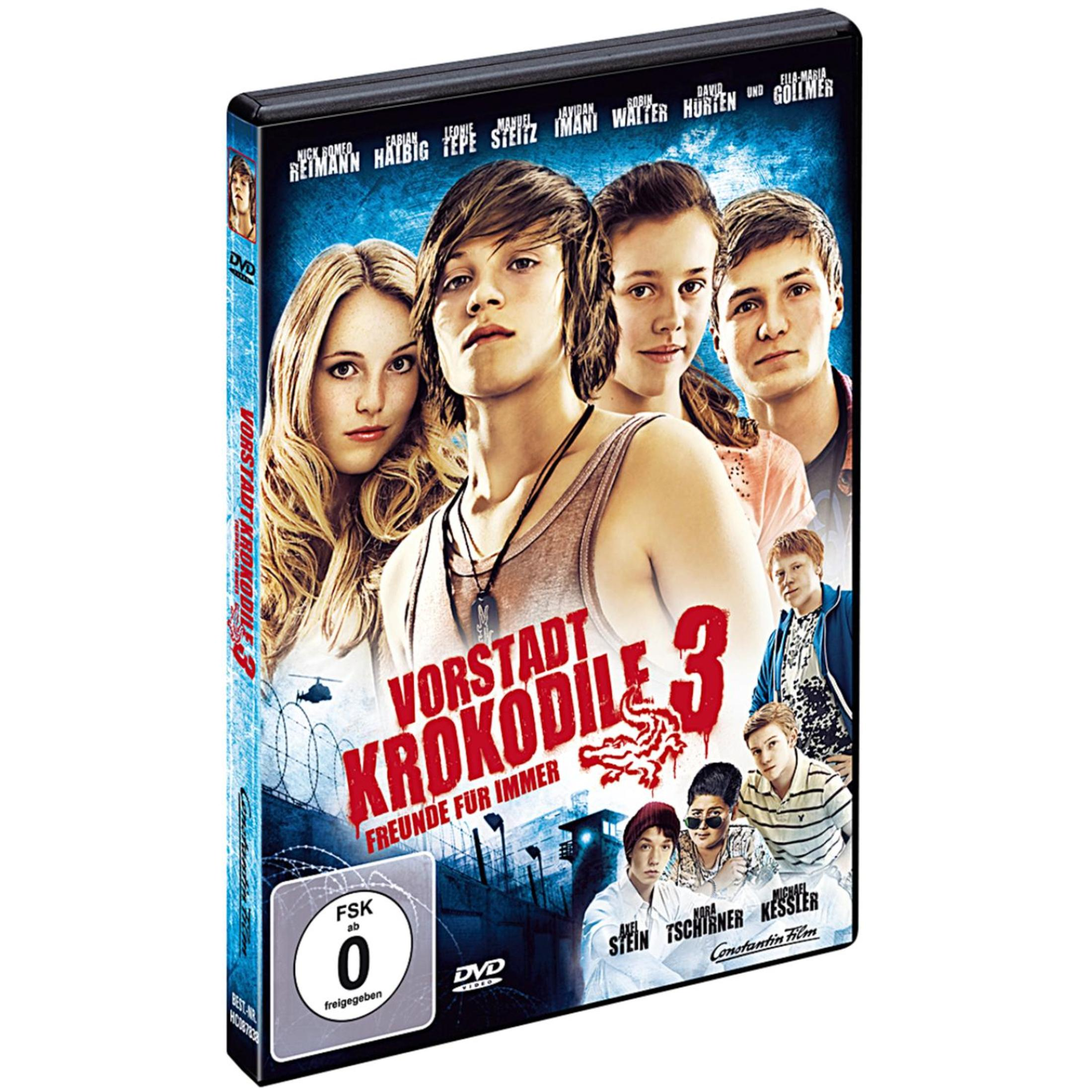 DVD-Cover von Vorstadtkrokodile 3 mit einem Ensemble junger Schauspieler vor einem blauen Hintergrund.