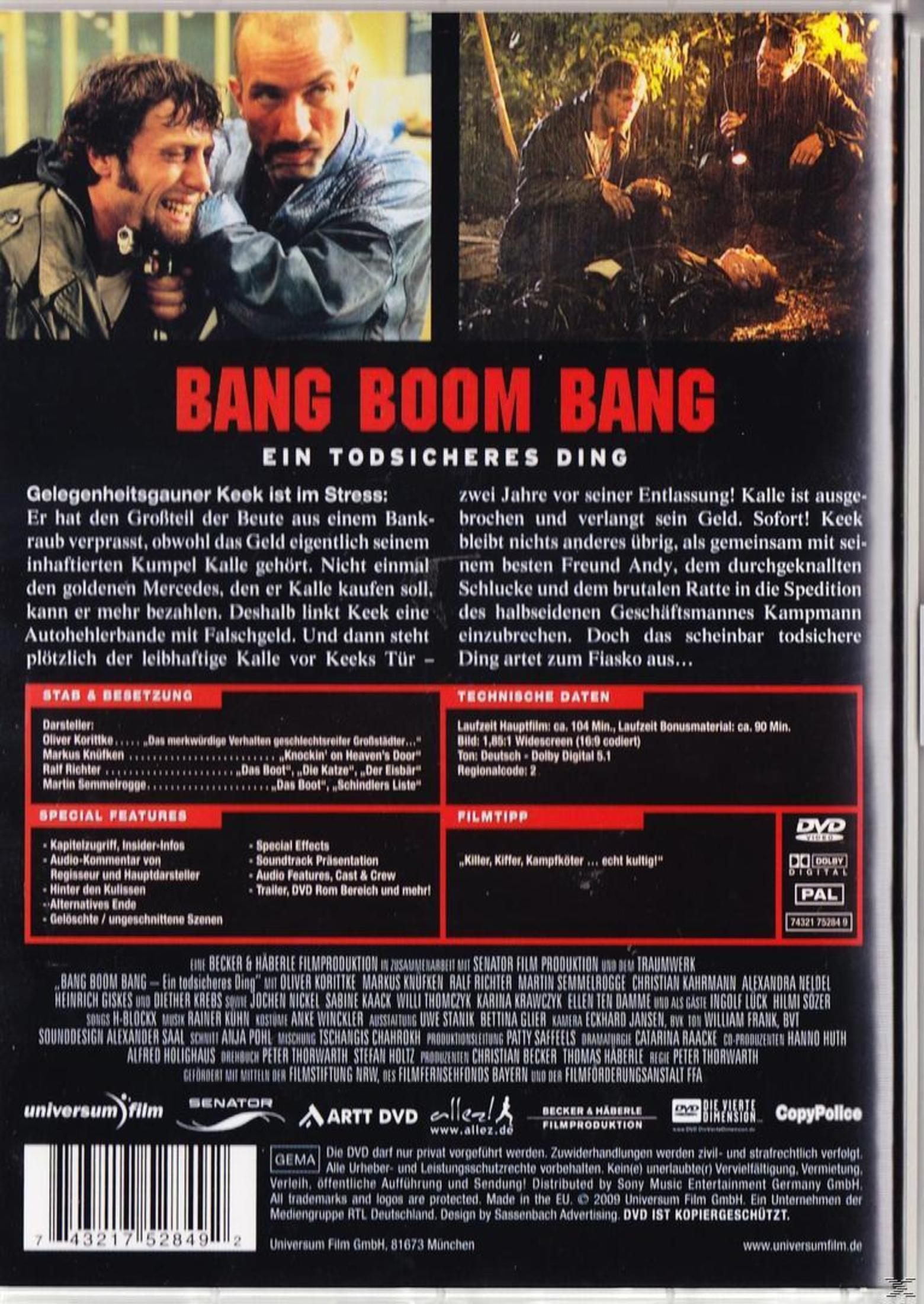 DVD-Rückseite des Films Bang Boom Bang mit Szenenbildern, roter Aufschrift und Texten in deutscher Sprache.
