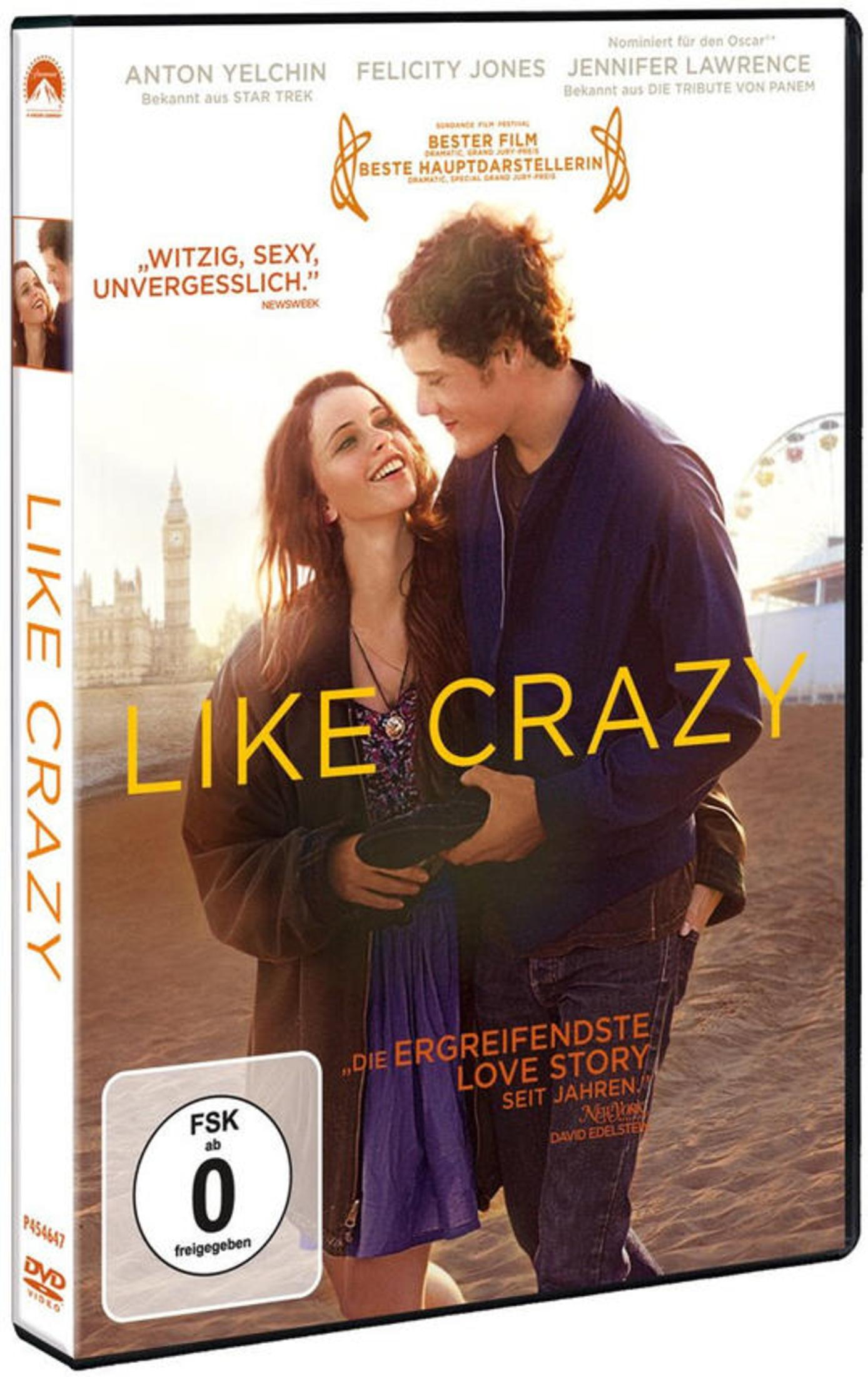 DVD-Cover des Films "Like Crazy" mit den Hauptdarstellern Anton Yelchin und Felicity Jones vor einer Skyline.