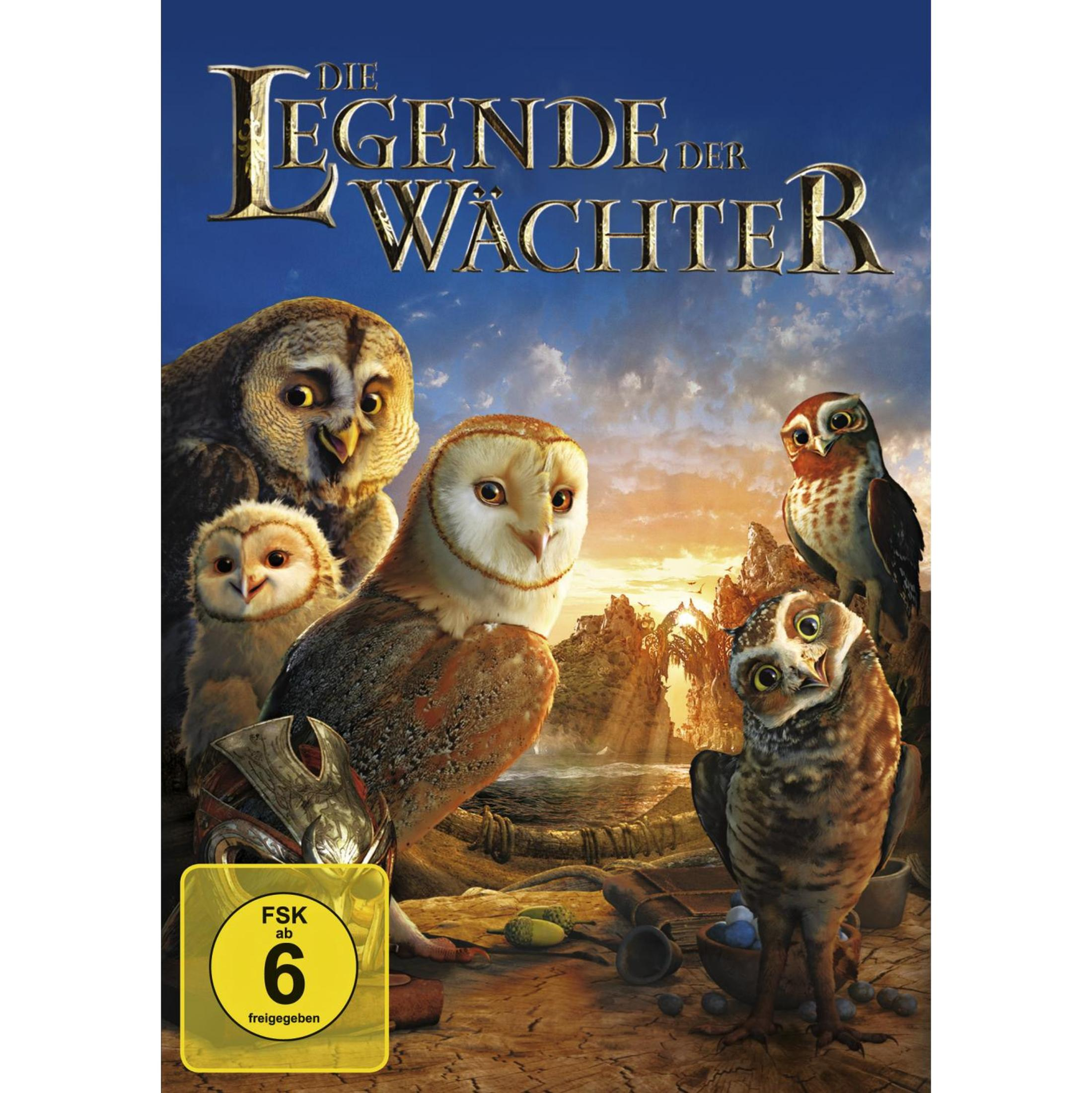 Filmplakat von Die Legende der Wächter mit fünf verschiedenen Eulen vor einer fantastischen Landschaft.