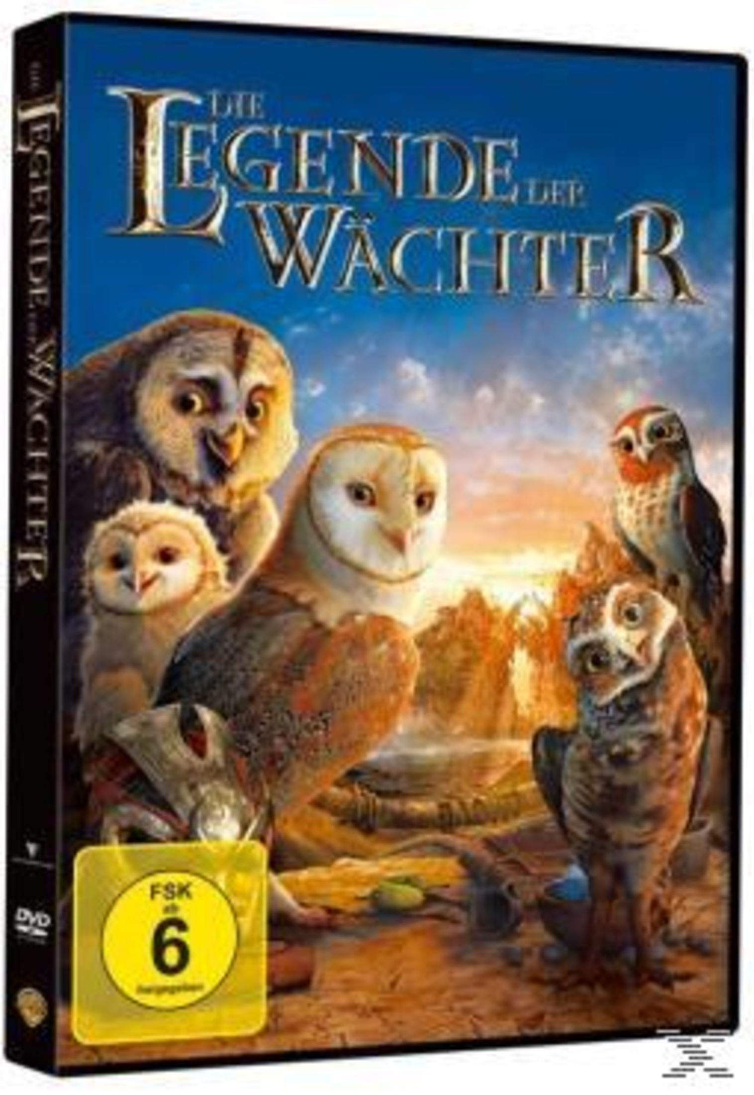 DVD-Cover von "Die Legende der Wächter" mit fünf Eulen vor einer Berglandschaft und FSK-6-Siegel.