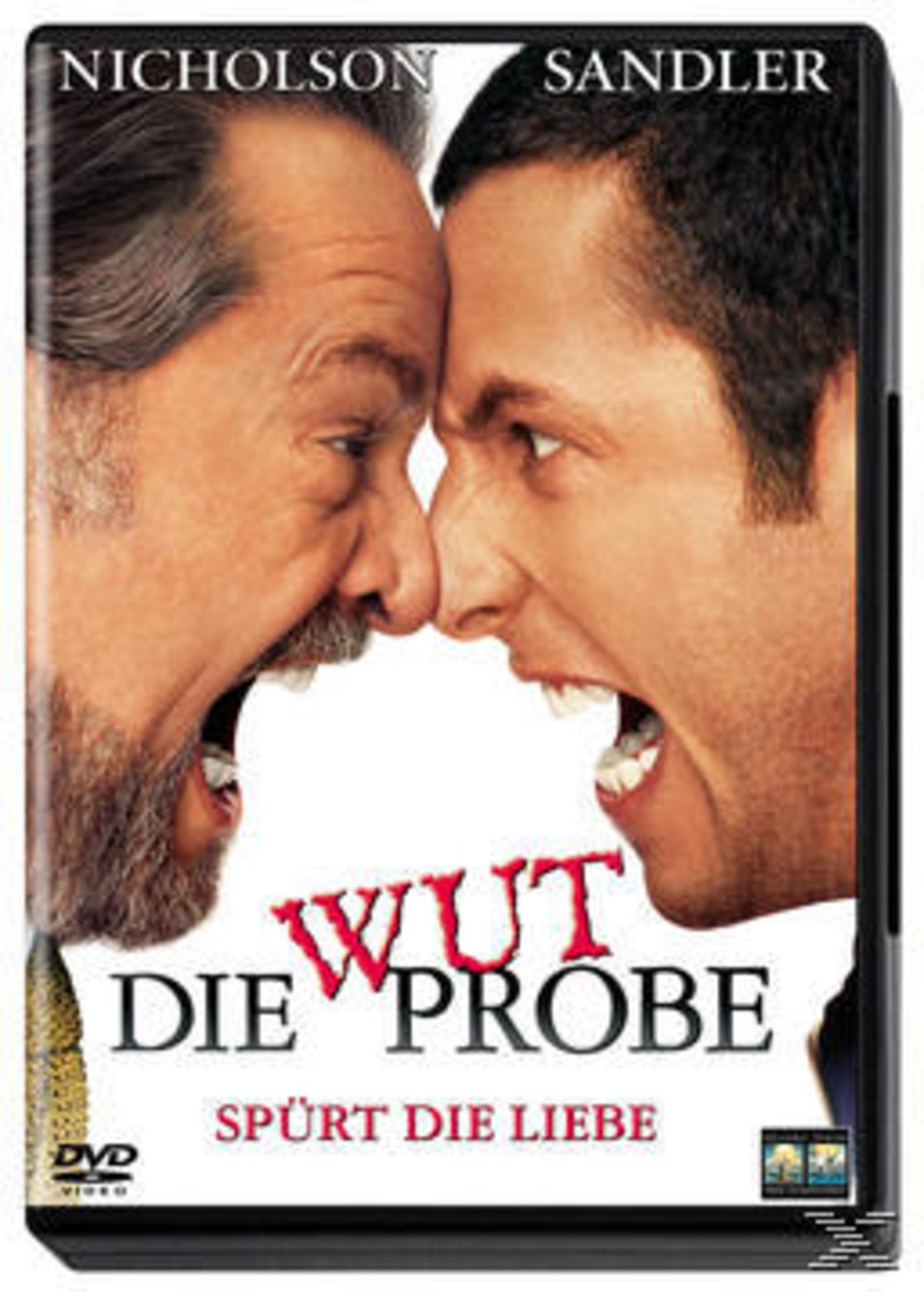 DVD-Cover des Films "Wut die Probe" mit Jack Nicholson und Adam Sandler, die sich Nase an Nase gegenüberstehen.