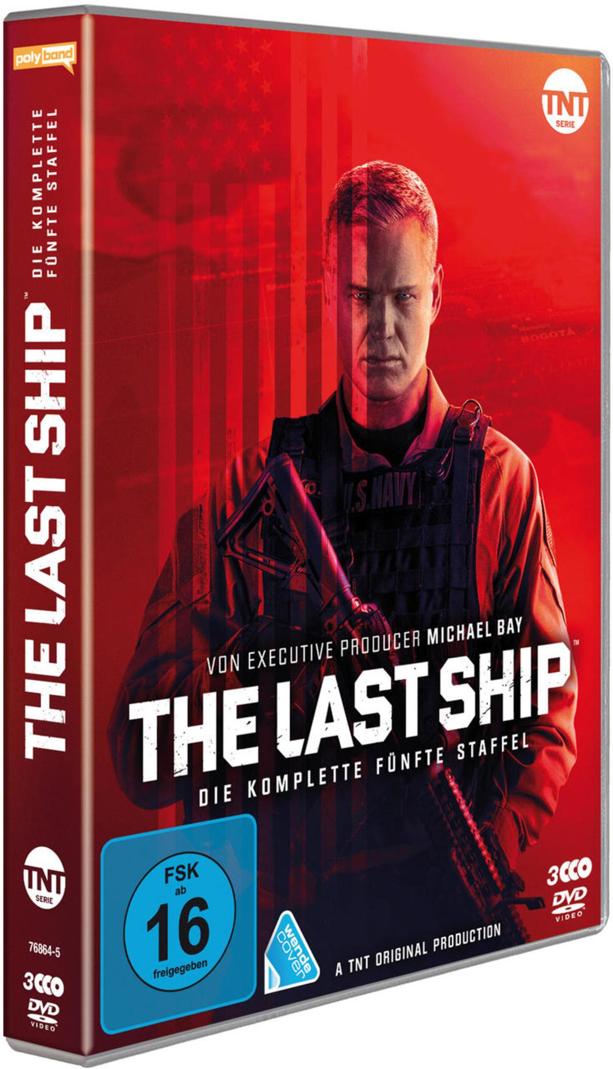 DVD-Cover von The Last Ship Staffel 5 mit einem ernsten Soldaten vor einer roten US-Flagge.