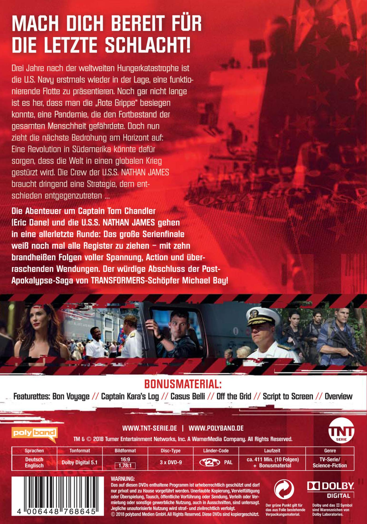DVD-Cover mit rotem Hintergrund, Text, US-Flaggen-Grafik und Charakteren der Serie im unteren Bereich.