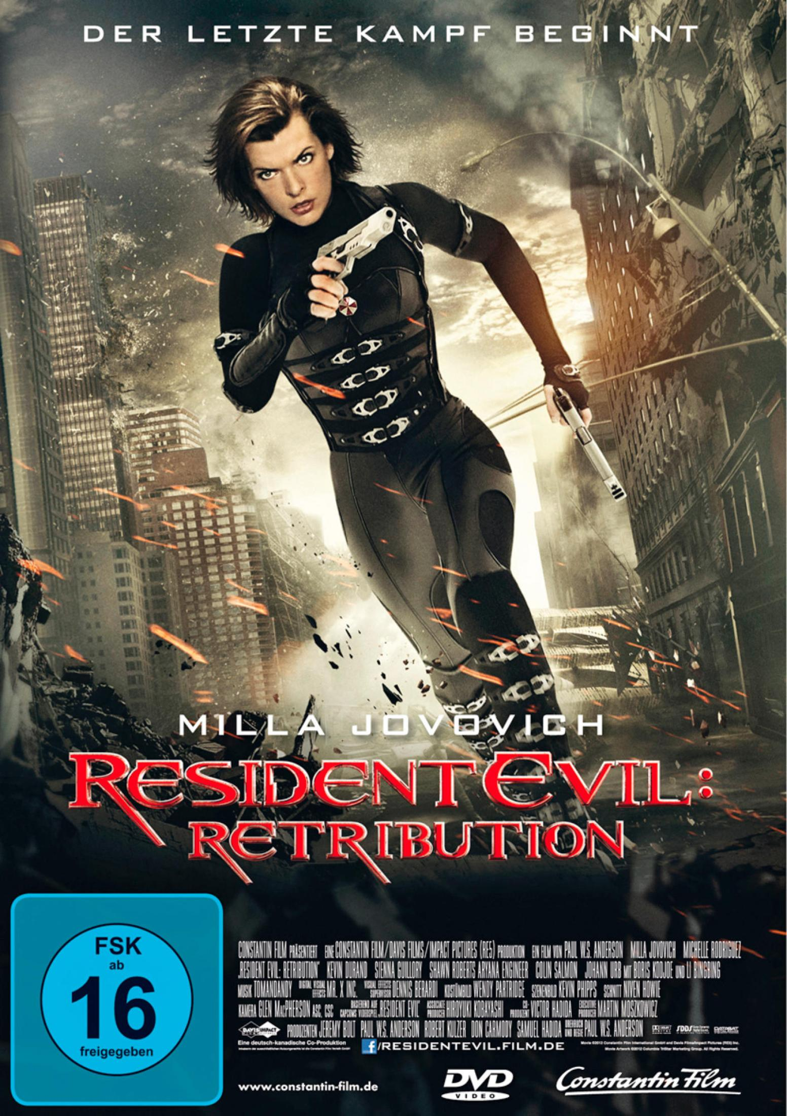 Milla Jovovich rennt mit zwei Pistolen durch eine zerstörte Stadt auf dem Resident Evil DVD-Cover.