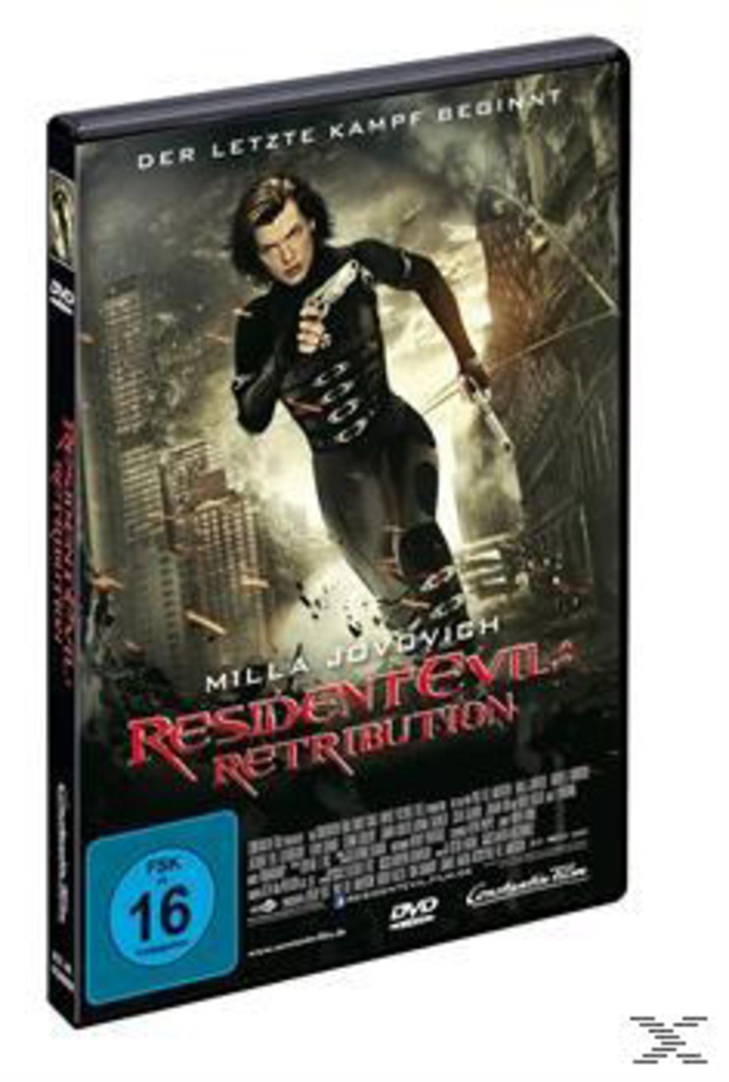 DVD-Hülle von Resident Evil: Retribution mit Milla Jovovich in einer Kampfszene vor einer zerstörten Stadt.