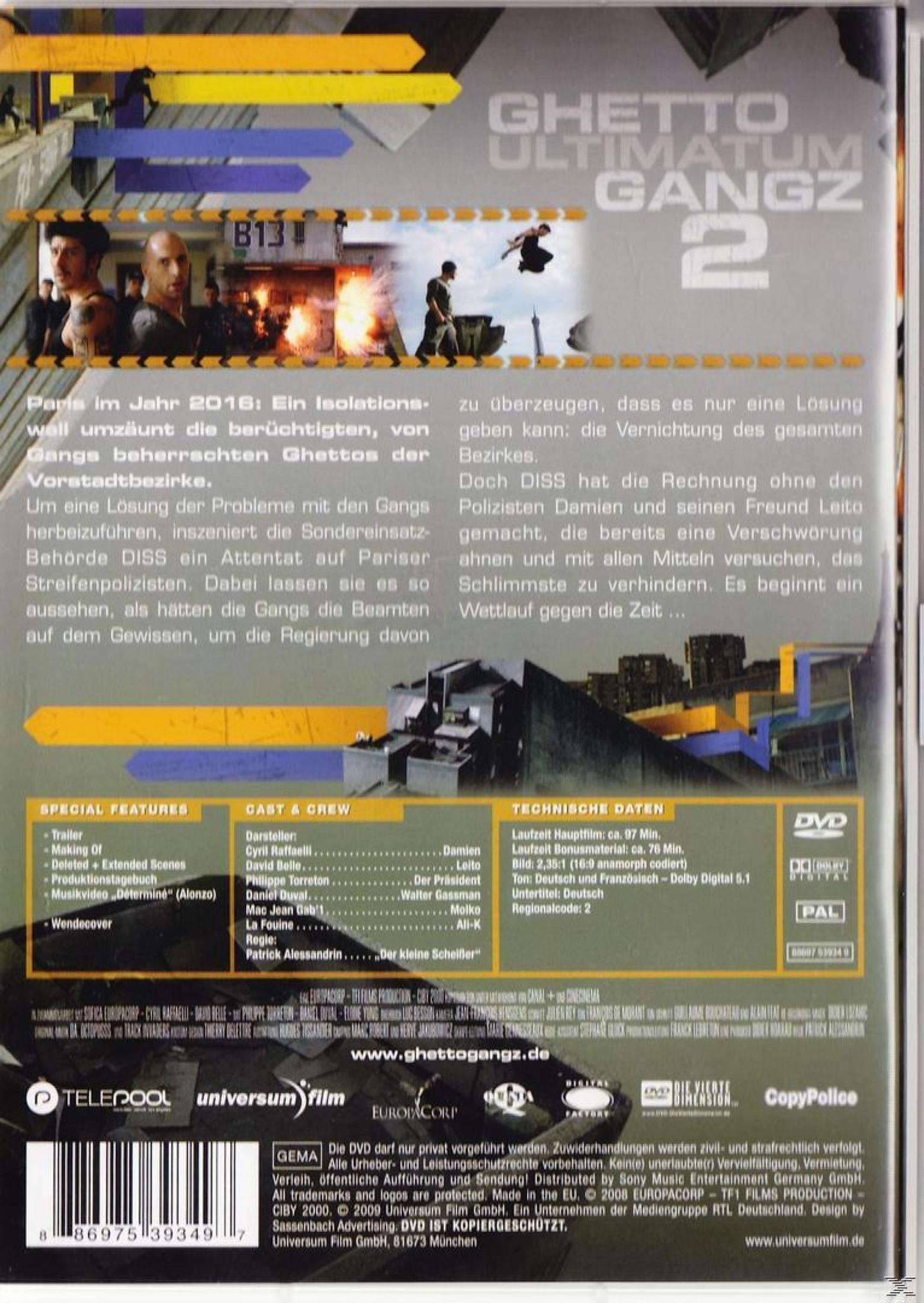 DVD-Rückseite des Films Ghetto Gangz 2 mit Szenenbildern, Inhaltsangabe, Besetzung und technischen Details.