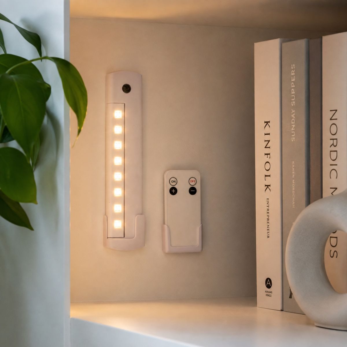 Beleuchtete LED-Leiste mit Fernbedienung im Regal neben Büchern und einer Pflanze.