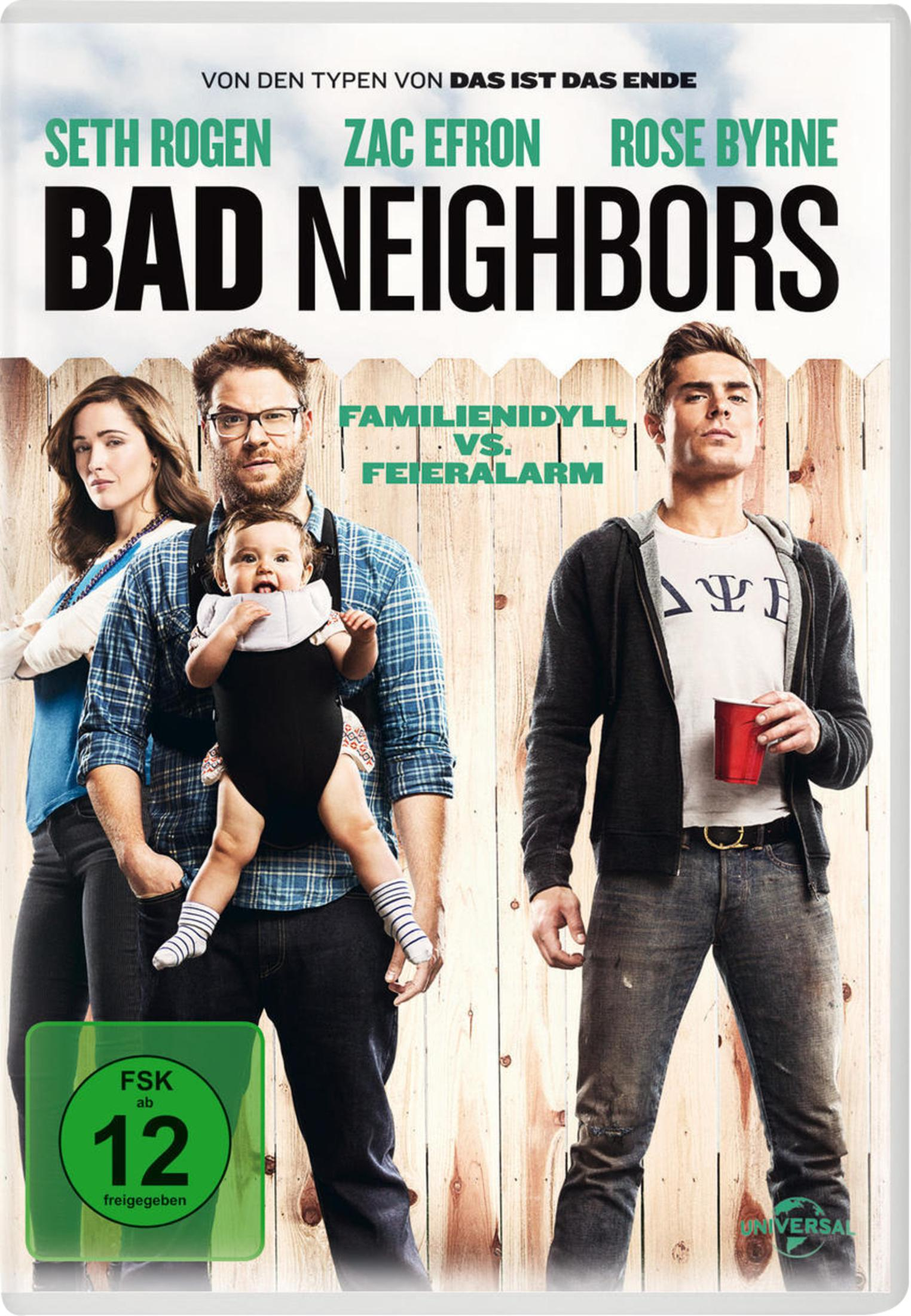 Filmposter von Bad Neighbors mit Rose Byrne, Seth Rogen mit Baby und Zac Efron vor einem Holzzaun.