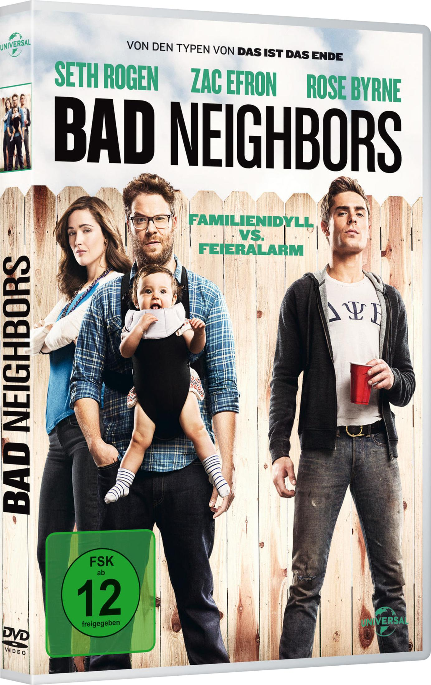 DVD-Cover von Bad Neighbors mit Seth Rogen, Rose Byrne und Zac Efron vor einem Holzzaun.