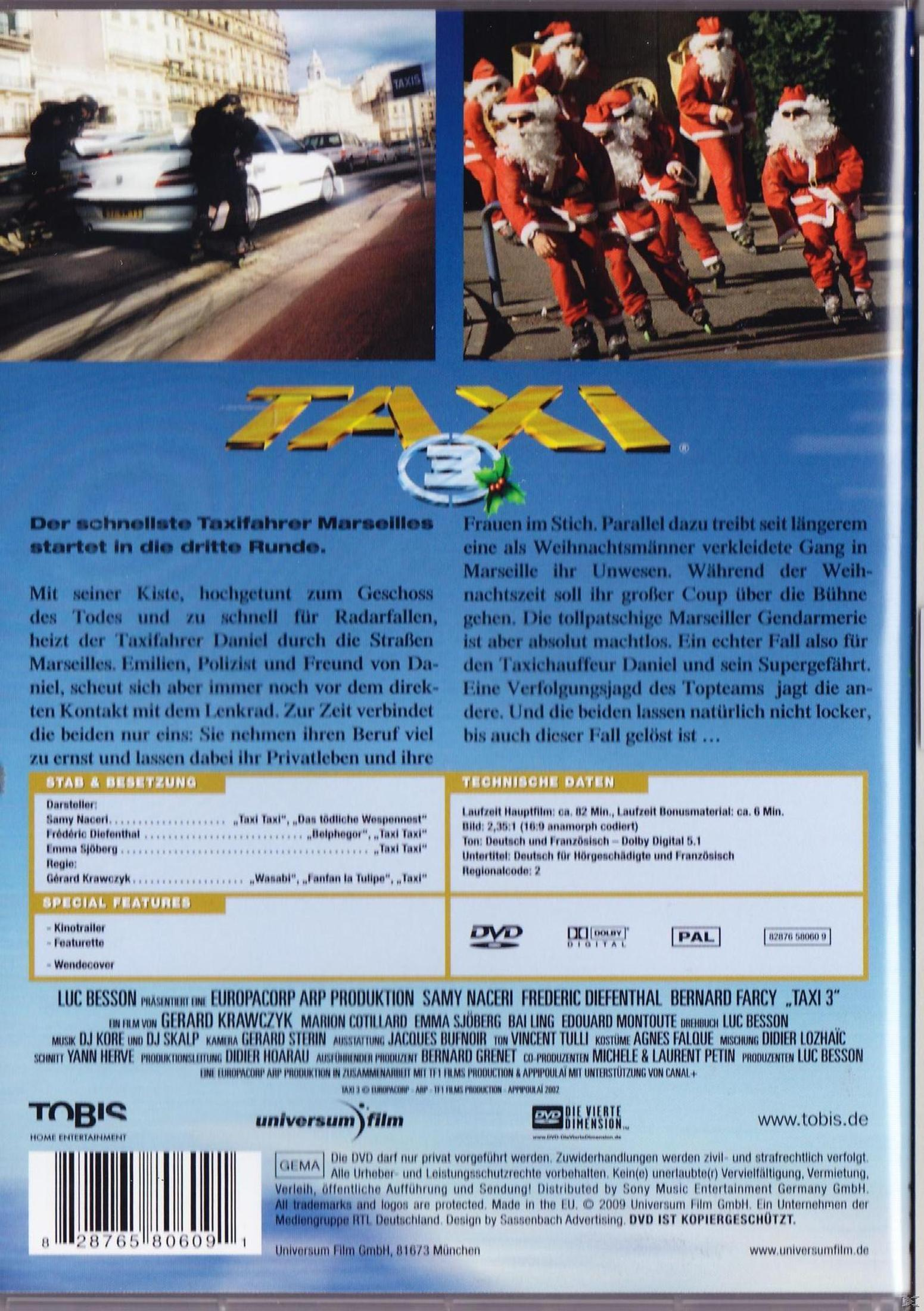 DVD-Hülle von Taxi 3 mit Text auf Deutsch und Bildern von als Weihnachtsmänner verkleideten Personen auf Rollschuhen.