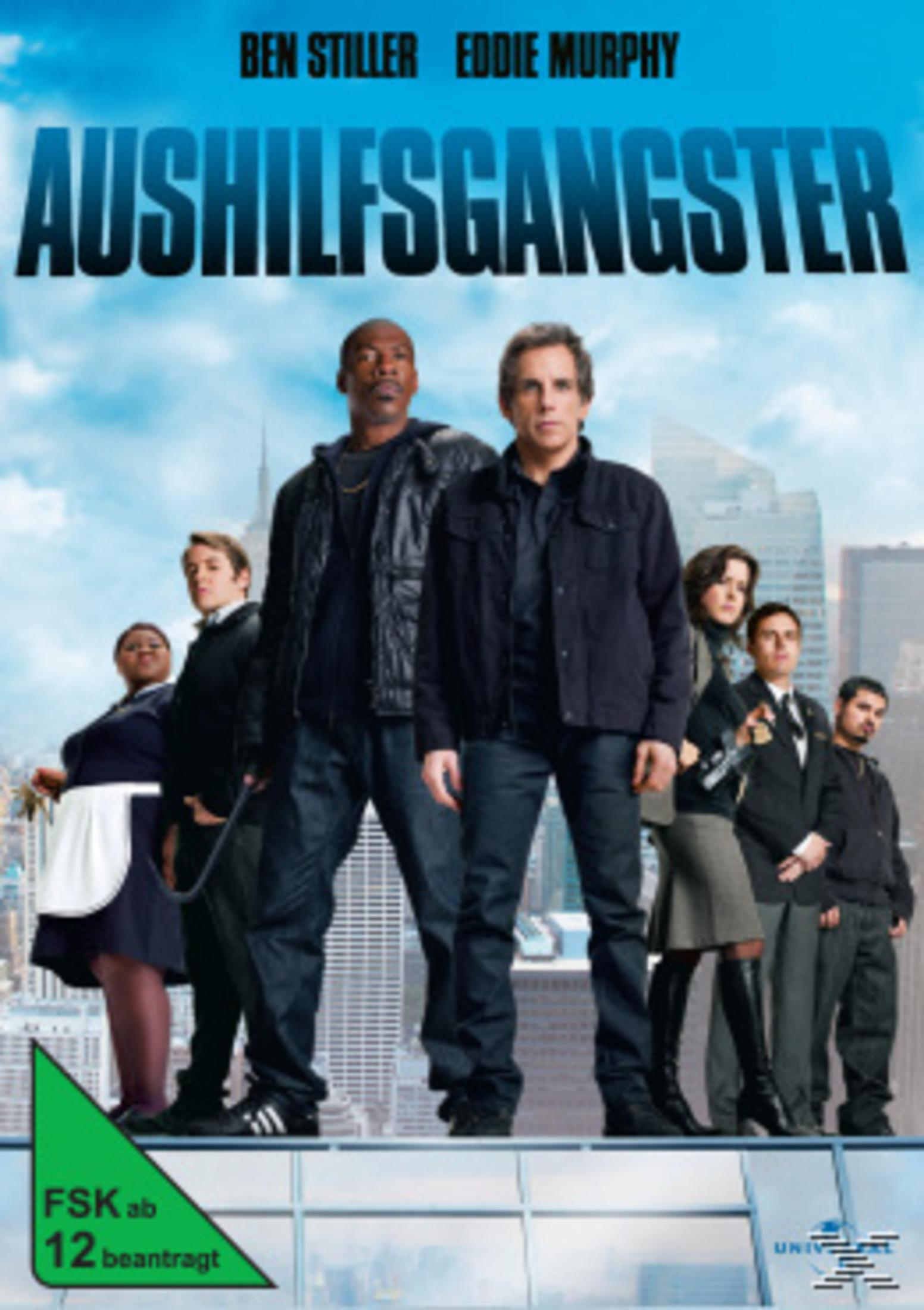 Filmplakat von Aushilfsgangster mit Ben Stiller und Eddie Murphy vor einer Skyline.