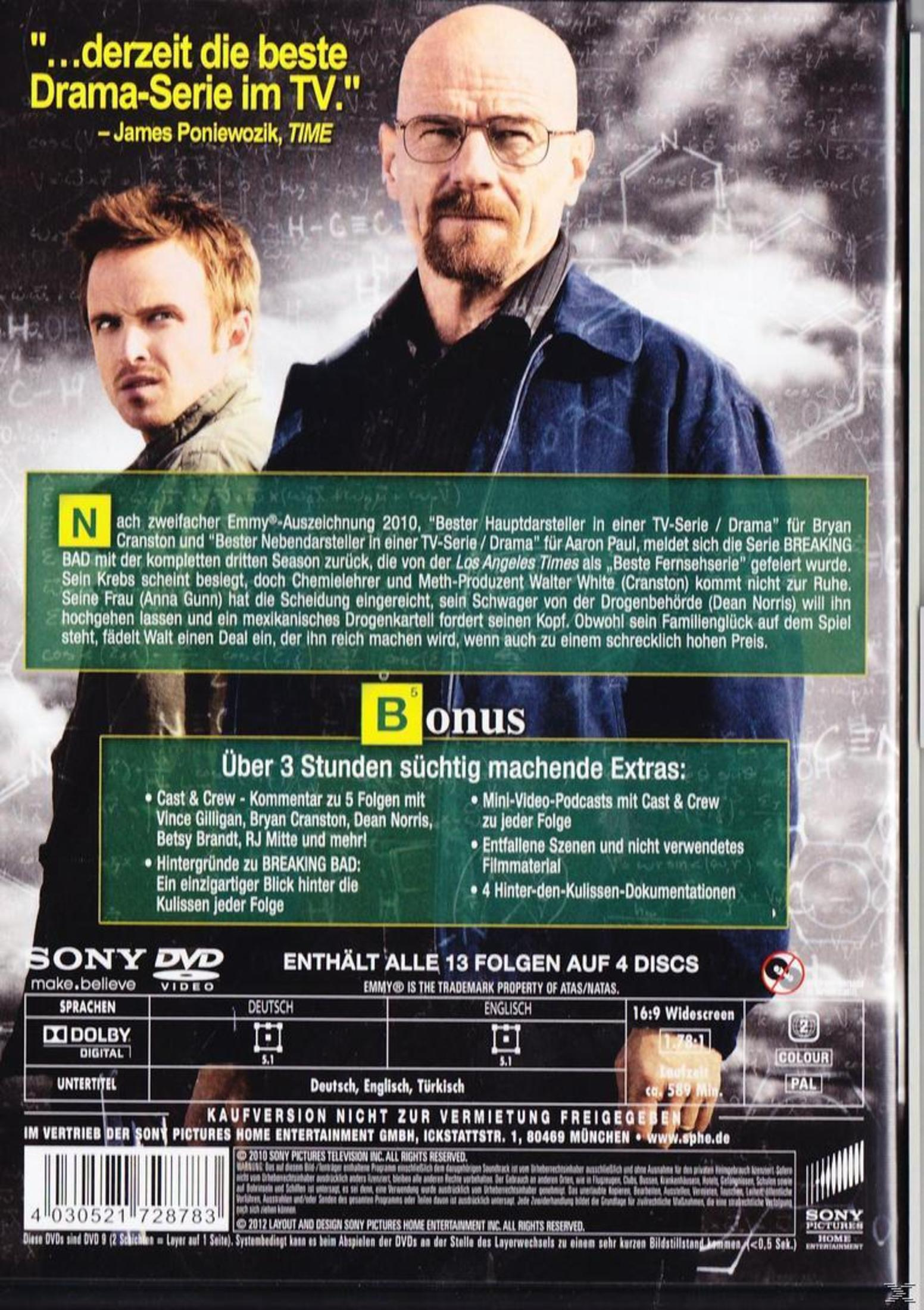 DVD-Hülle der Serie Breaking Bad mit Bryan Cranston und Aaron Paul vor chemischen Formeln.