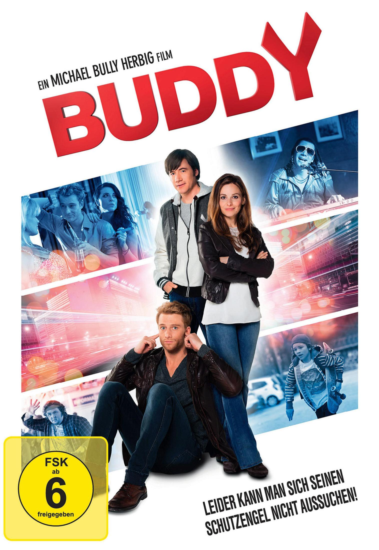 Filmposter von Buddy mit vier Personen im Zentrum, dem Filmtitel oben und FSK-6-Altersfreigabe unten links.
