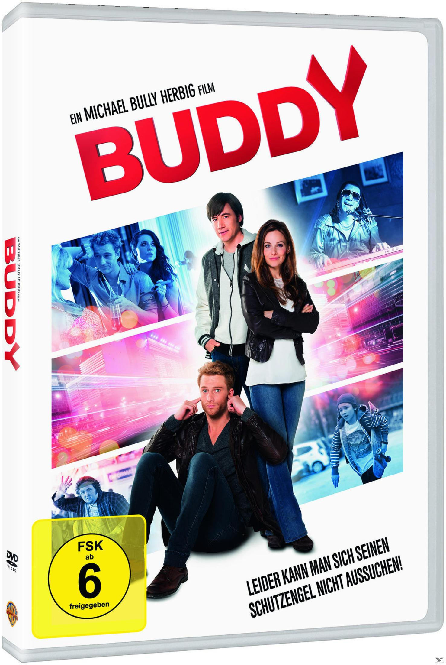 DVD-Cover des Films Buddy mit mehreren Charakteren, großen roten Titelbuchstaben und einer FSK-6-Altersfreigabe.