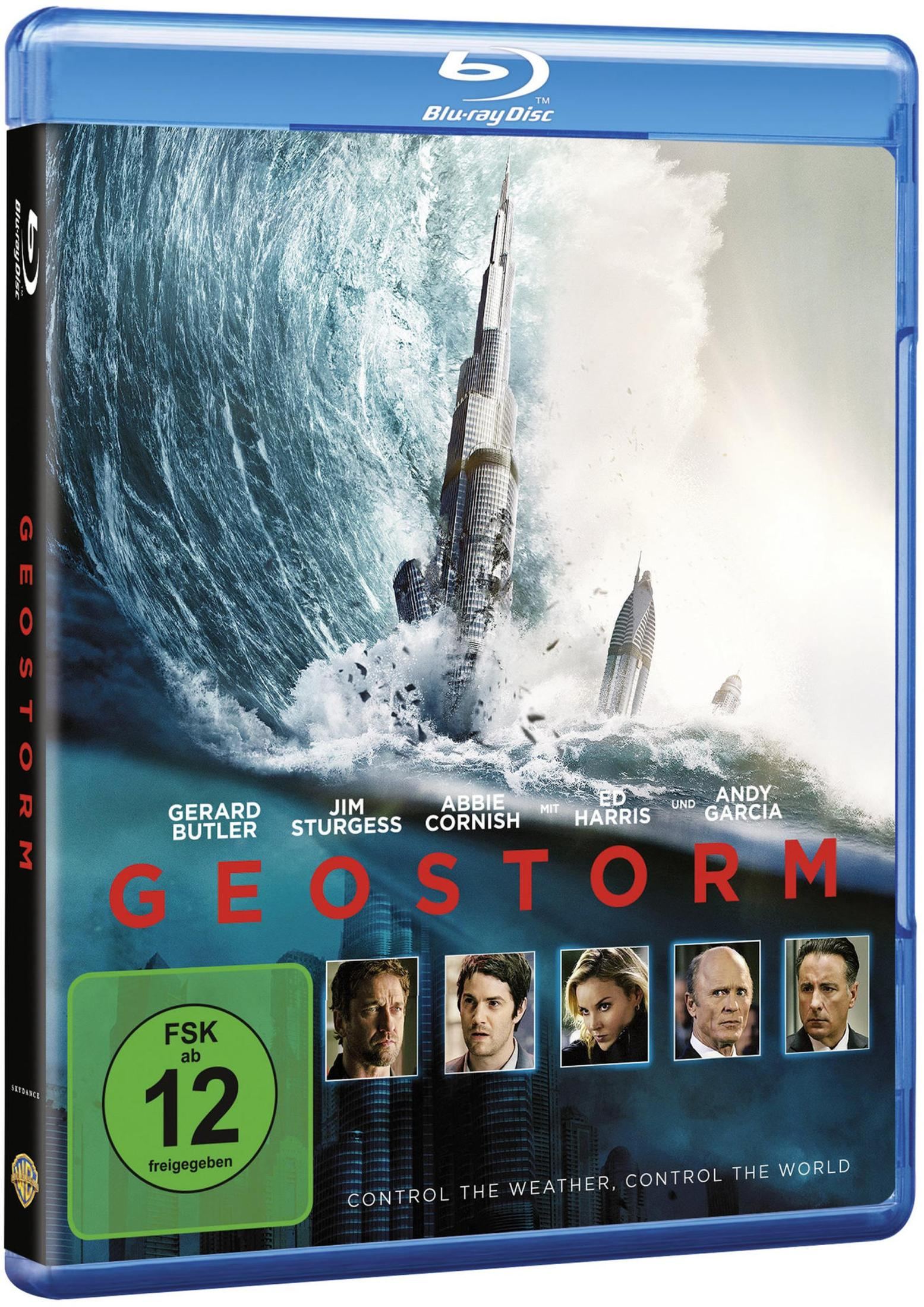 Blu-Ray-Hülle des Films Geostorm mit Riesenwelle und Hochhäusern.