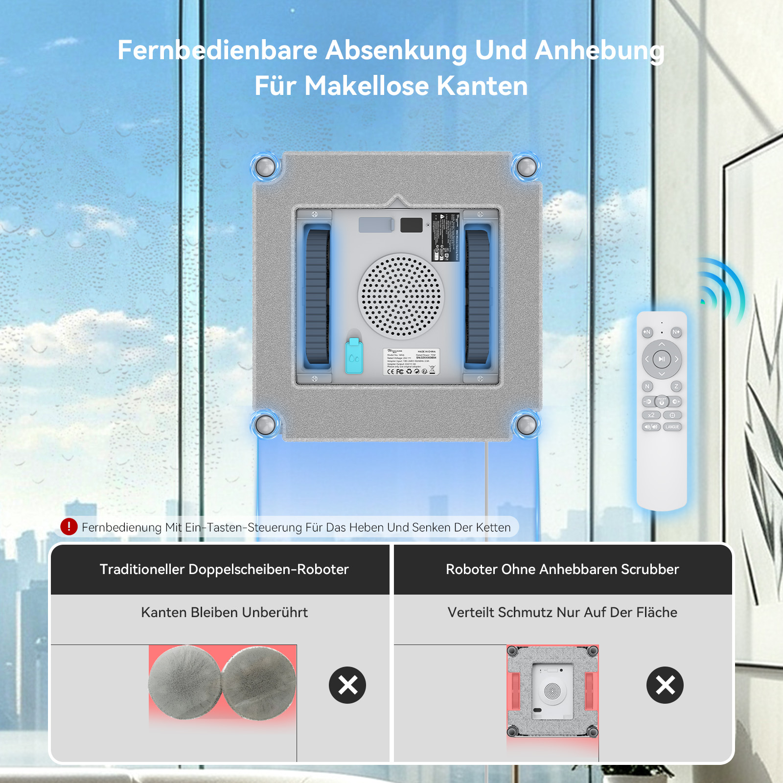 Ein quadratischer Fensterputzroboter mit Fernbedienung beim Reinigen einer Fensterscheibe vor Stadtkulisse.