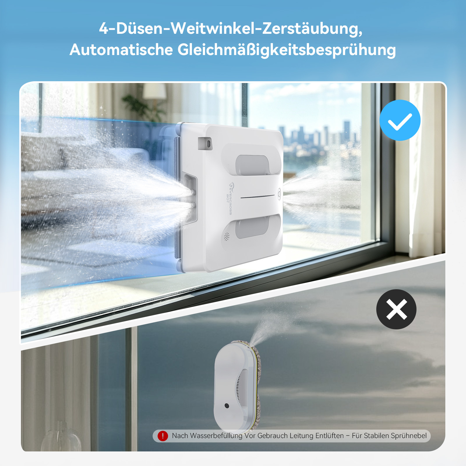 Ein Fensterputzroboter sprüht Wasser in vier Richtungen auf eine Glasfläche mit Stadtblick.