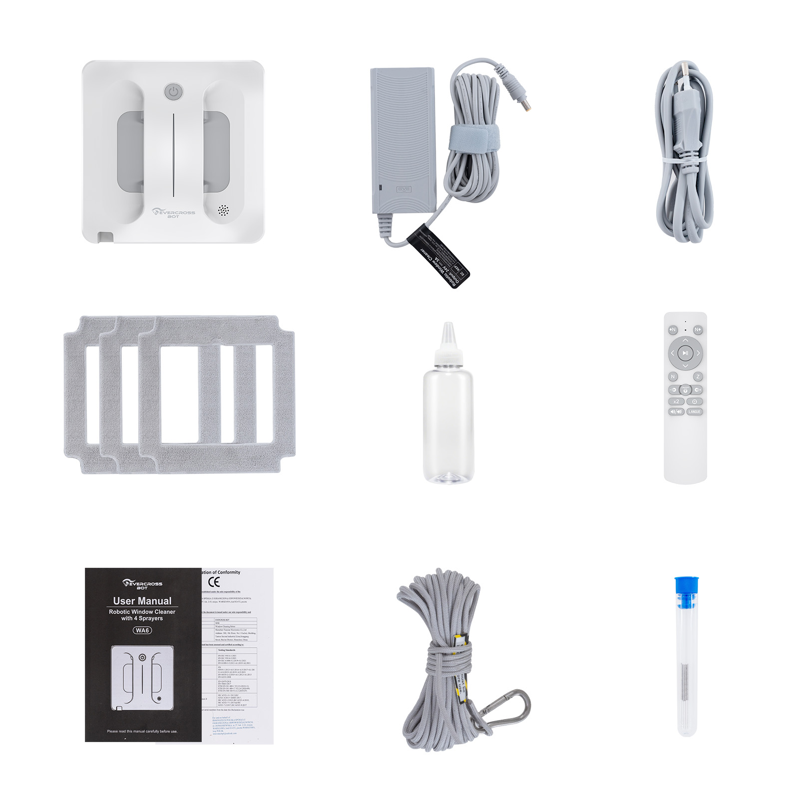 Accesorios esenciales para el limpiador de ventanas robótico, incluyendo cable de alimentación, control remoto y almohadillas.