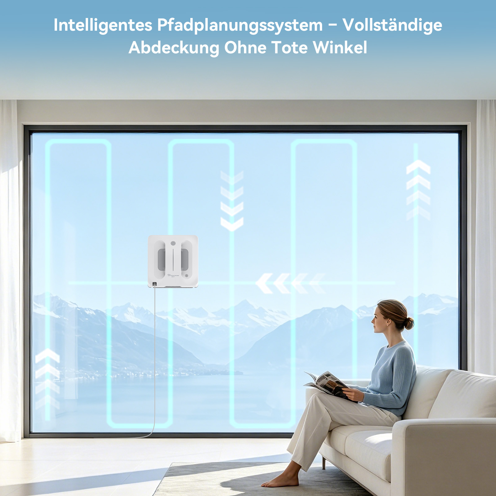 Eine Frau sitzt auf einem weißen Sofa und liest, während ein Roboter ein großes Fenster reinigt.