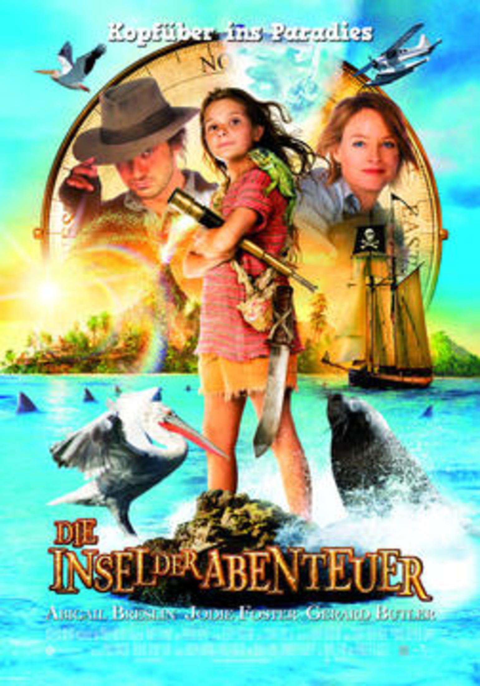 Filmplakat mit einem jungen Mädchen, Schauspielern, einem Pelikan, einem Seelöwen und Inselabenteuern.