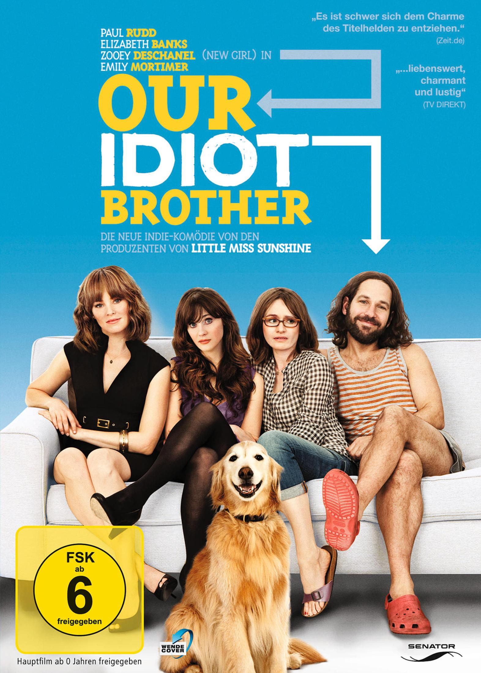 Filmplakat von Unser Idiotischer Bruder mit vier Schauspielern und einem Golden Retriever auf einem Sofa.