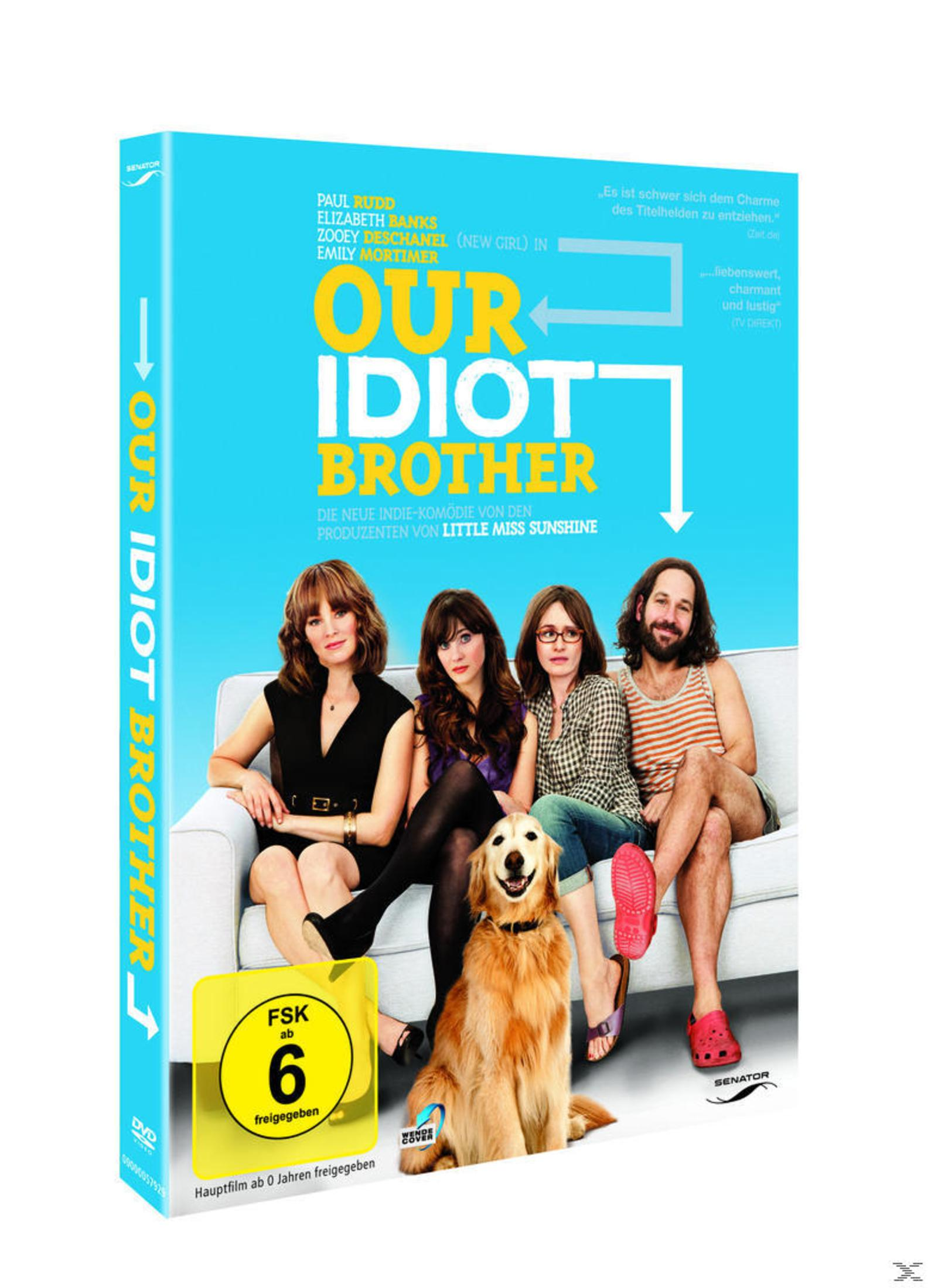 DVD-Cover von "Our Idiot Brother" mit vier Personen und einem Hund auf einer Couch vor hellblauem Hintergrund.