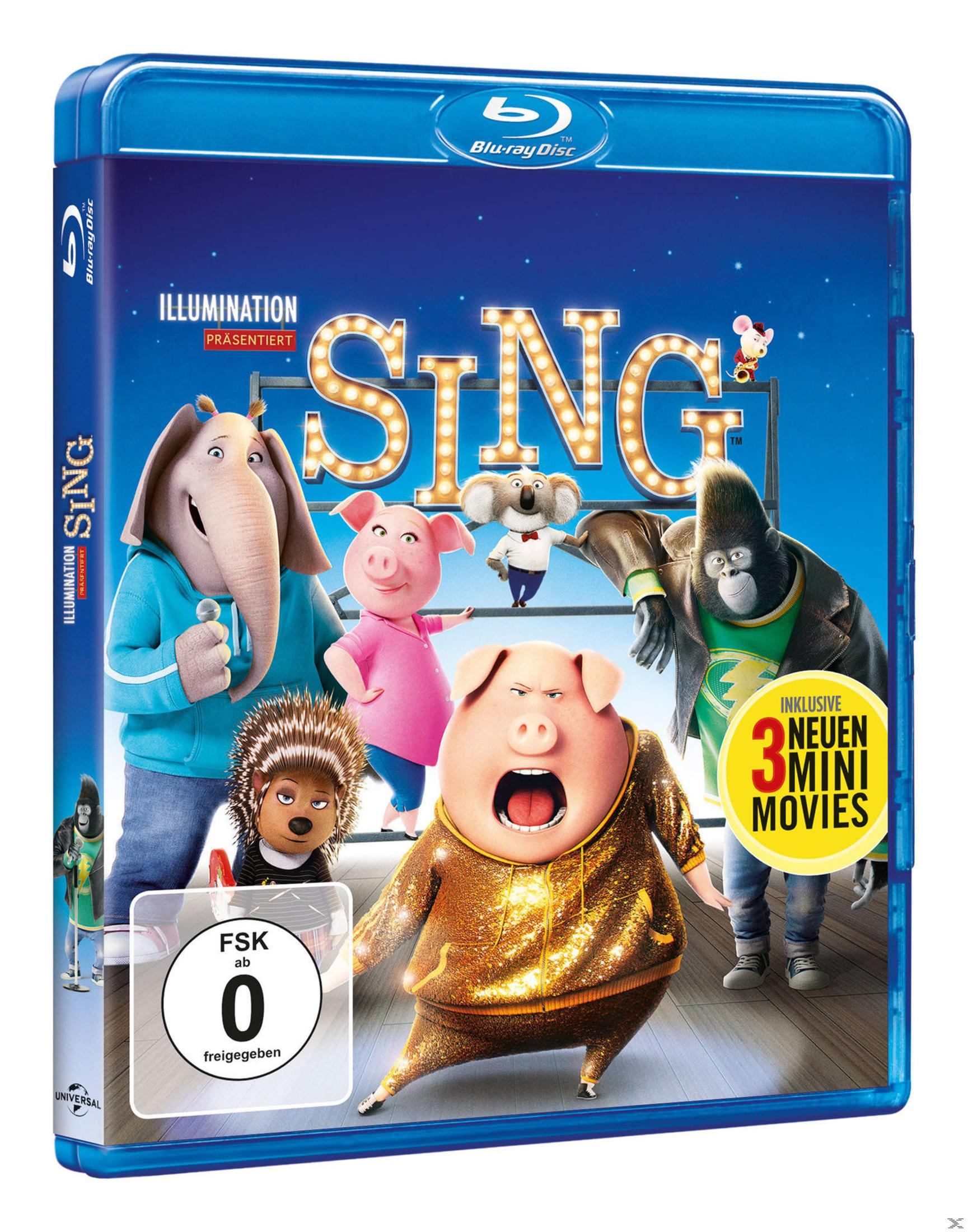 Sing Blu-ray Cover mit animierten Tieren wie Elefant, Schwein und Gorilla vor leuchtender Inschrift.