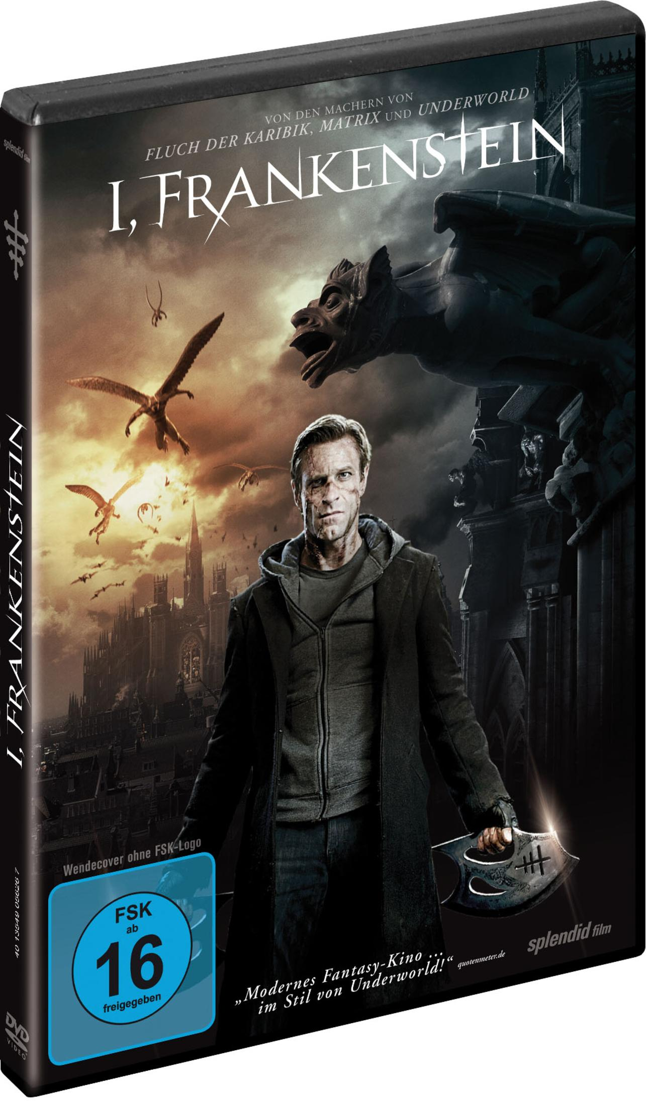 Filmcover von I, Frankenstein mit einem Mann mit Narben im Vordergrund, Gargoyles und fliegenden Kreaturen.