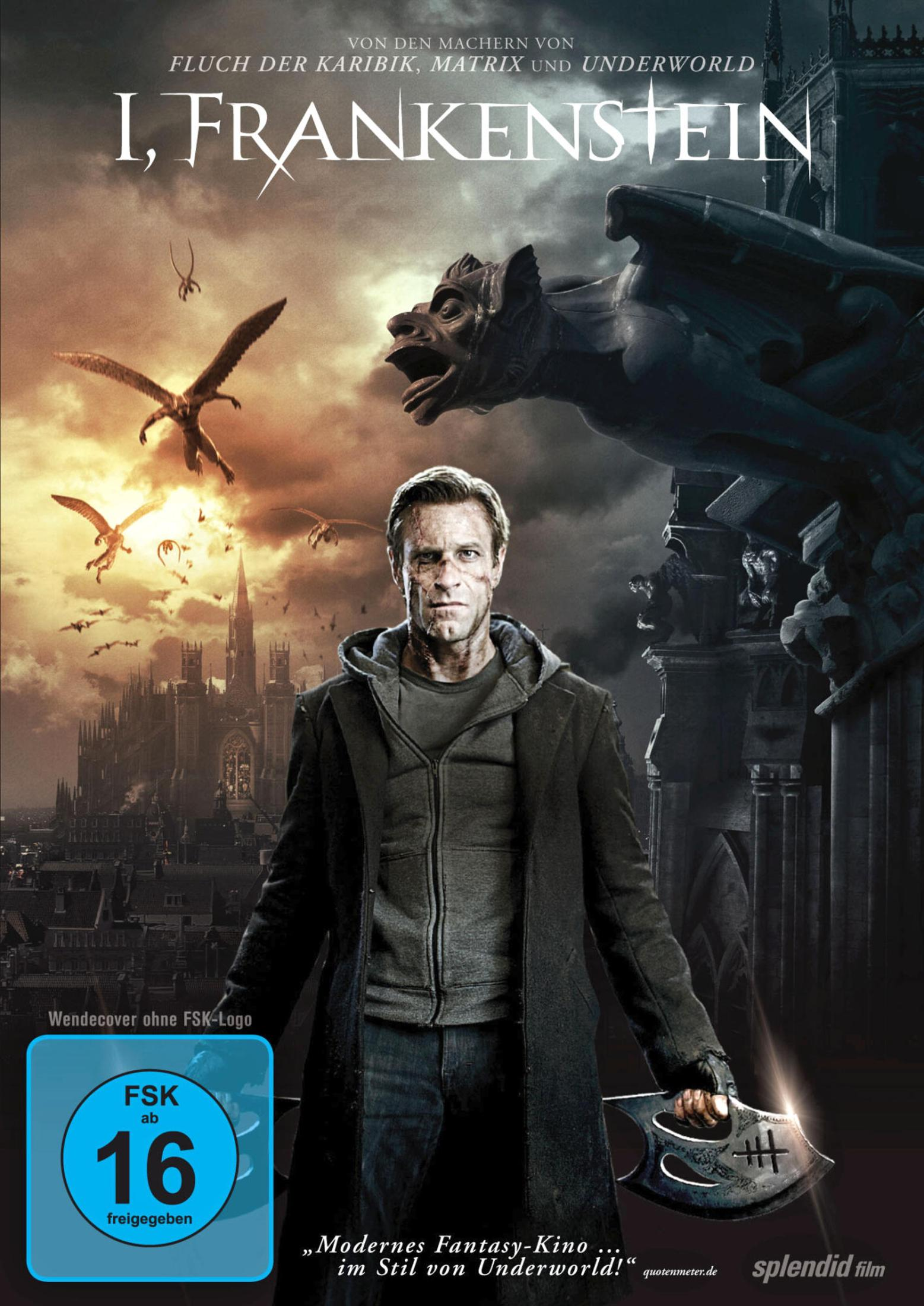 Filmposter von I, Frankenstein mit einem schwerem Mantel bewaffneten Mann vor einer gotischen Kulisse.