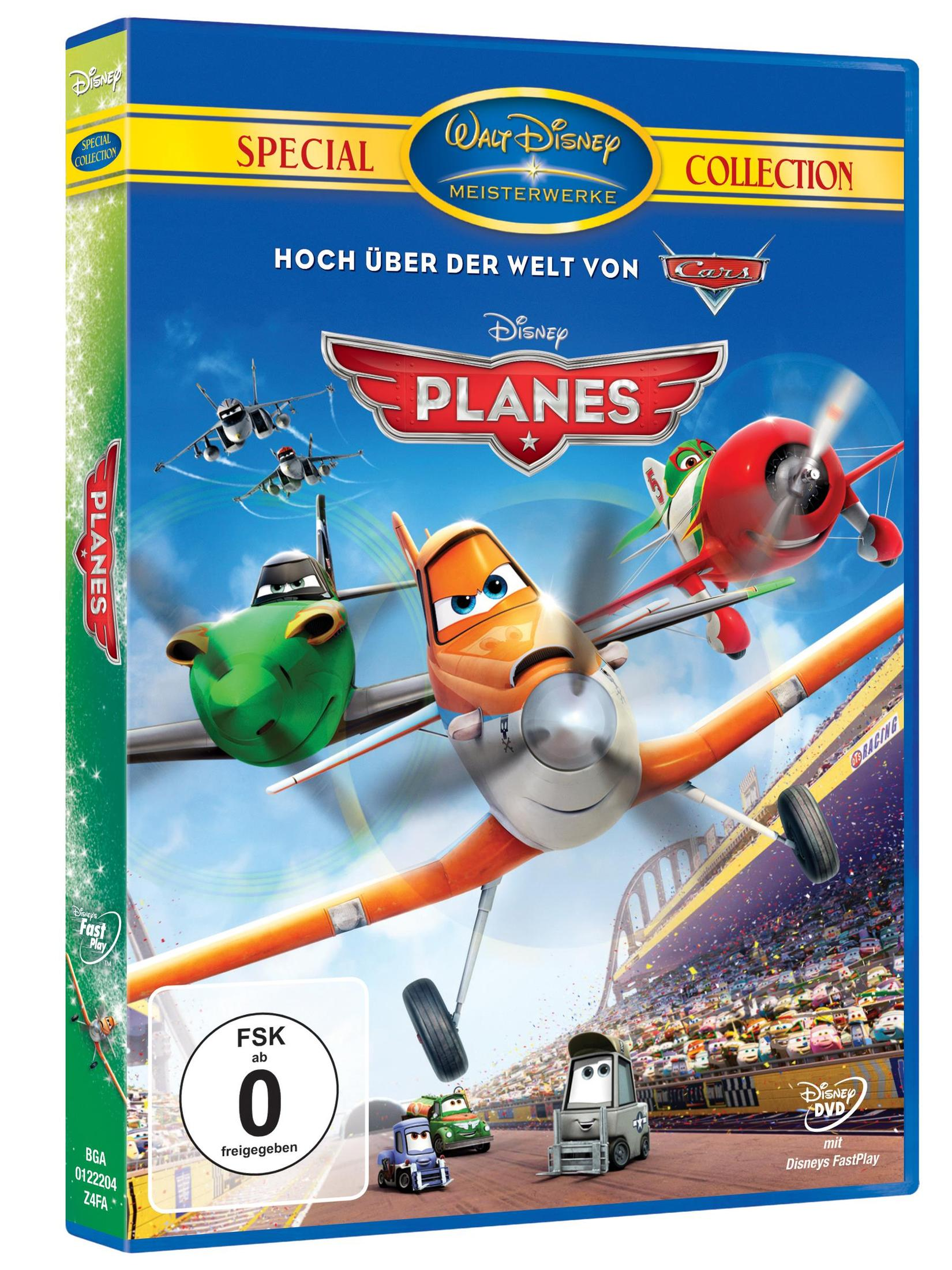 DVD-Cover von Disneys Planes mit Flugzeugen vor einer großen Zuschauerkulisse und einem FSK-0-Logo.