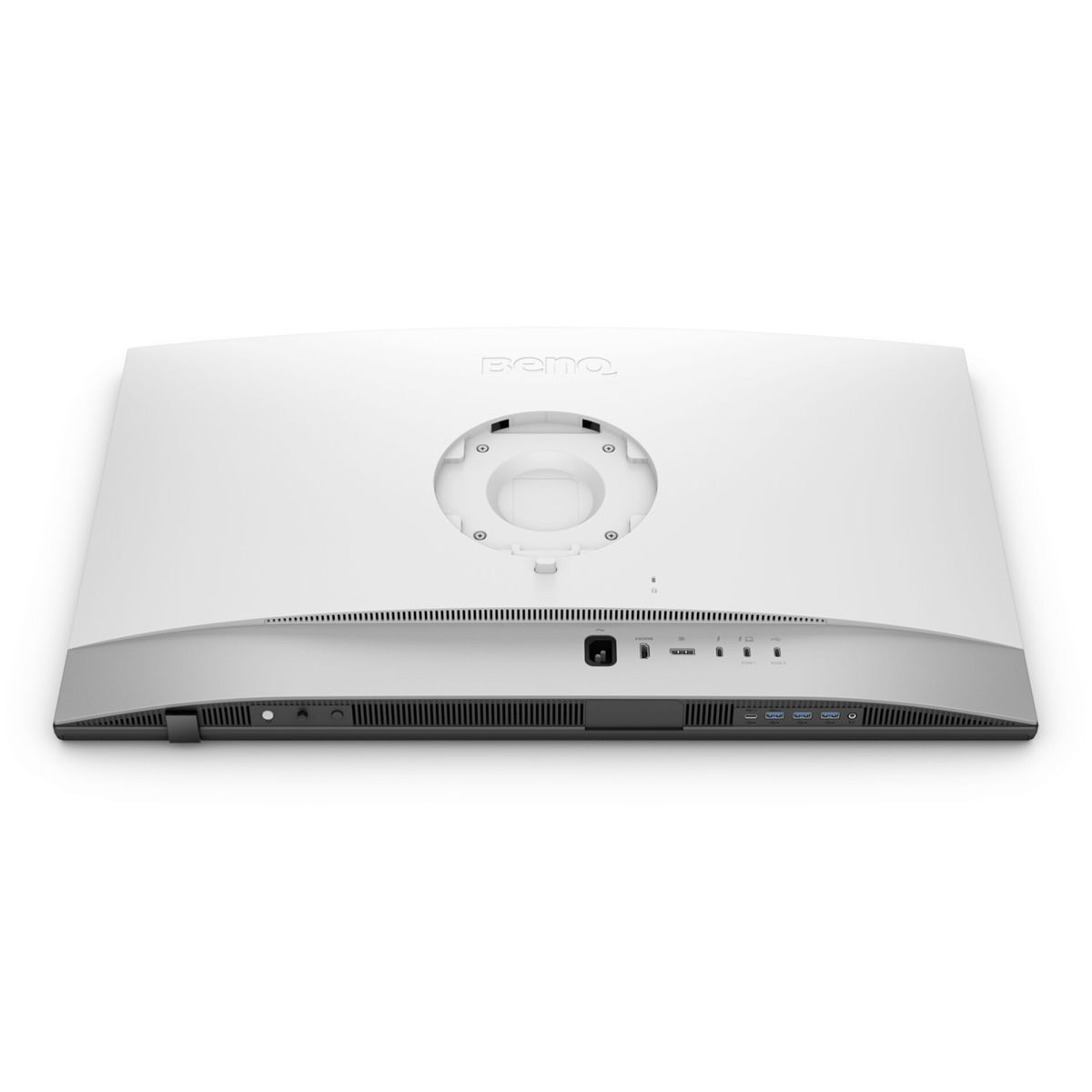 Retro di un monitor BenQ bianco con supporto VESA e varie porte su sfondo bianco.