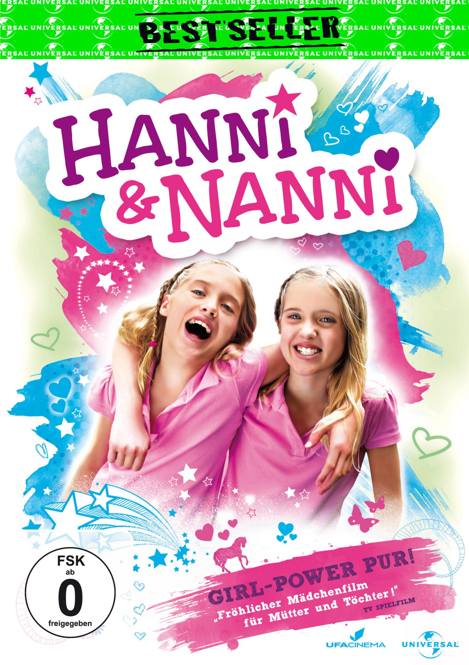 DVD-Cover für Hanni & Nanni mit zwei lächelnden Mädchen in pinken Hemden vor einem bunten Hintergrund.