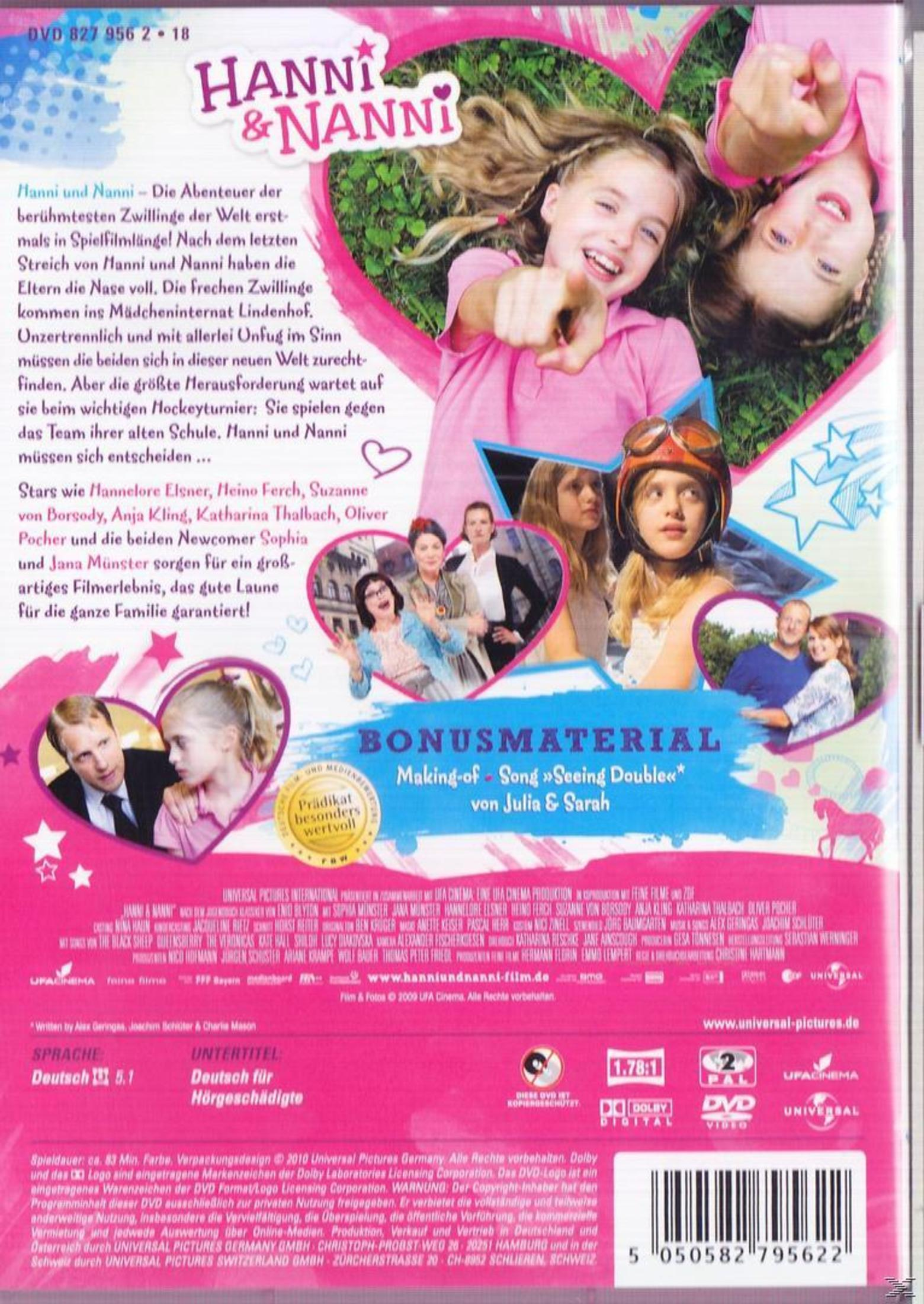 Die rosa DVD-Hülle von Hanni & Nanni zeigt die Hauptdarstellerinnen, Filmszenen und Filminfos.