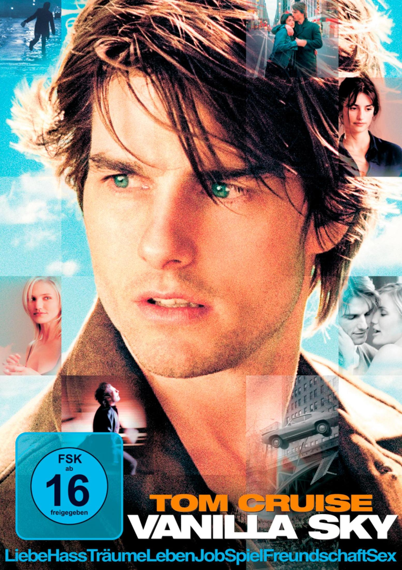 Filmplakat für Vanilla Sky mit Tom Cruise im Vordergrund und kleineren Szenenbildern drumherum.