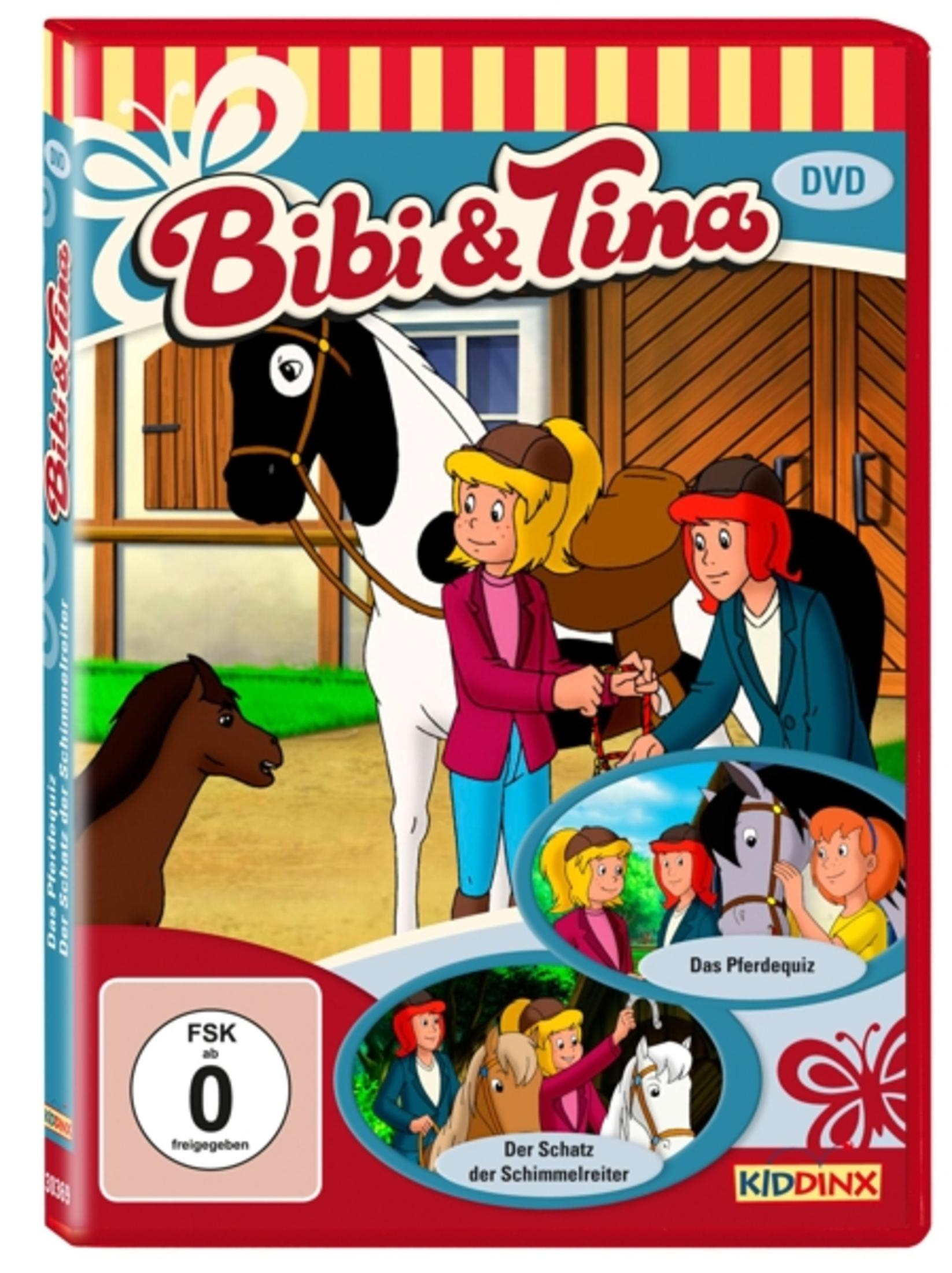 Bibi und Tina DVD-Cover mit zwei Mädchen, Pferden und Stall im Hintergrund.