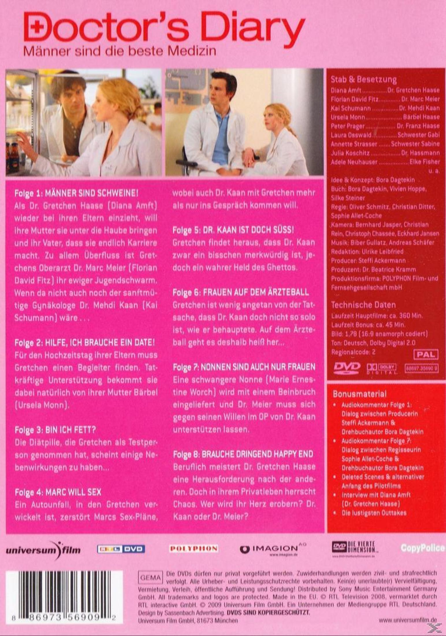 DVD-Cover von Doctor's Diary mit Cast-Fotos, Episodenübersicht und Stab und Besetzung auf pinkem Hintergrund.