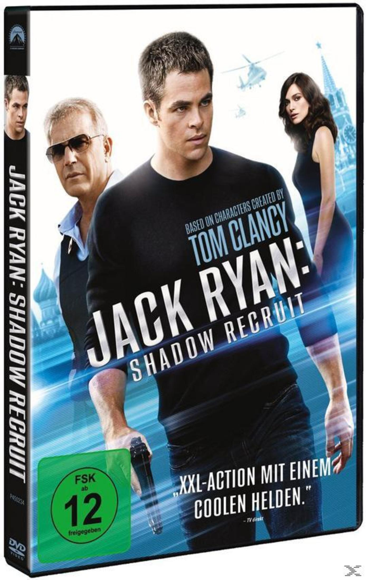 DVD-Cover von Jack Ryan: Shadow Recruit mit drei Schauspielern, einem FSK 12-Logo und blauen Akzenten.