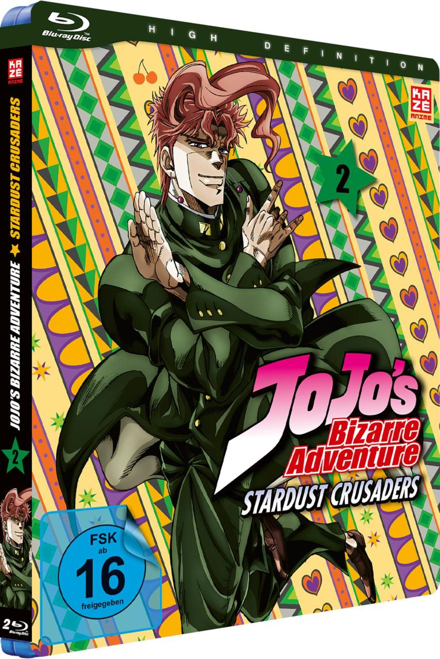 Anime-Blu-ray-Hülle mit Kakyoin in grünem Mantel vor buntem Muster.