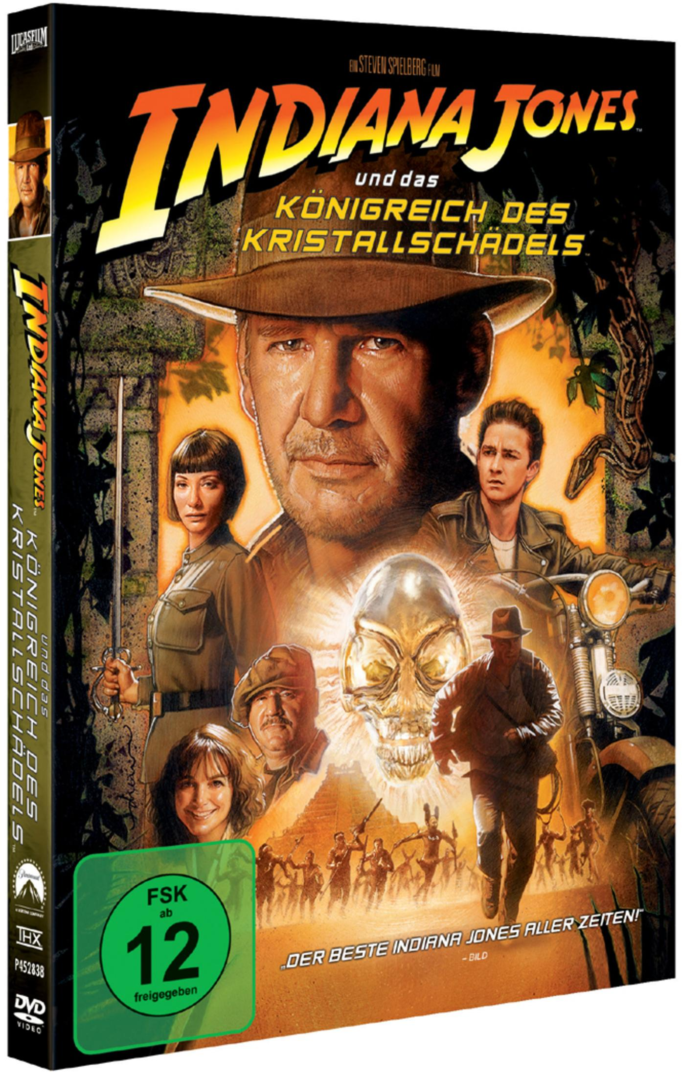 DVD-Cover von Indiana Jones und das Königreich des Kristallschädels mit Charakteren und Kristallschädel.