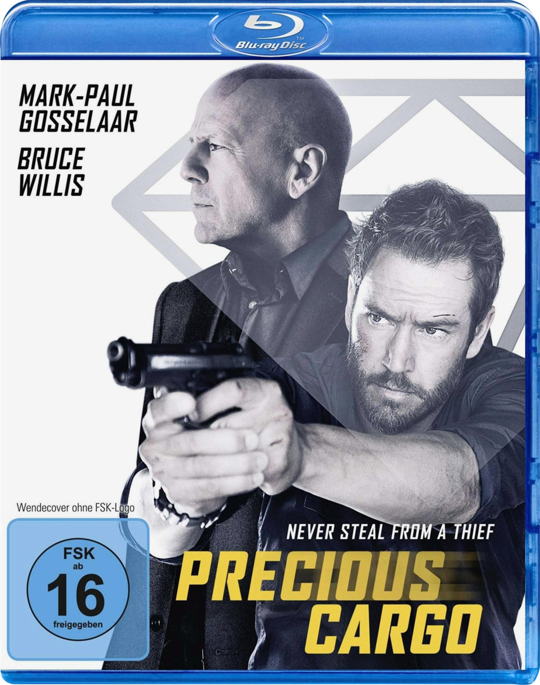 Blu-ray-Hülle des Films Precious Cargo mit Bruce Willis und Mark-Paul Gosselaar mit Waffe vor weißem Hintergrund.