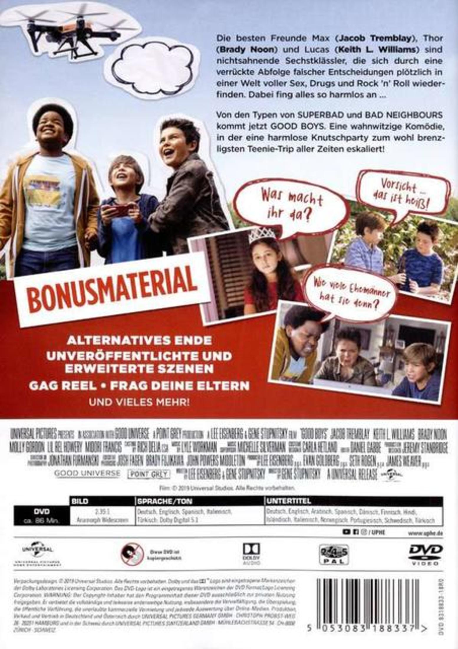 Die Rückseite der Good Boys DVD mit Filmszenen, Besetzungsdetails, Bonusmaterial und deutschem Text.