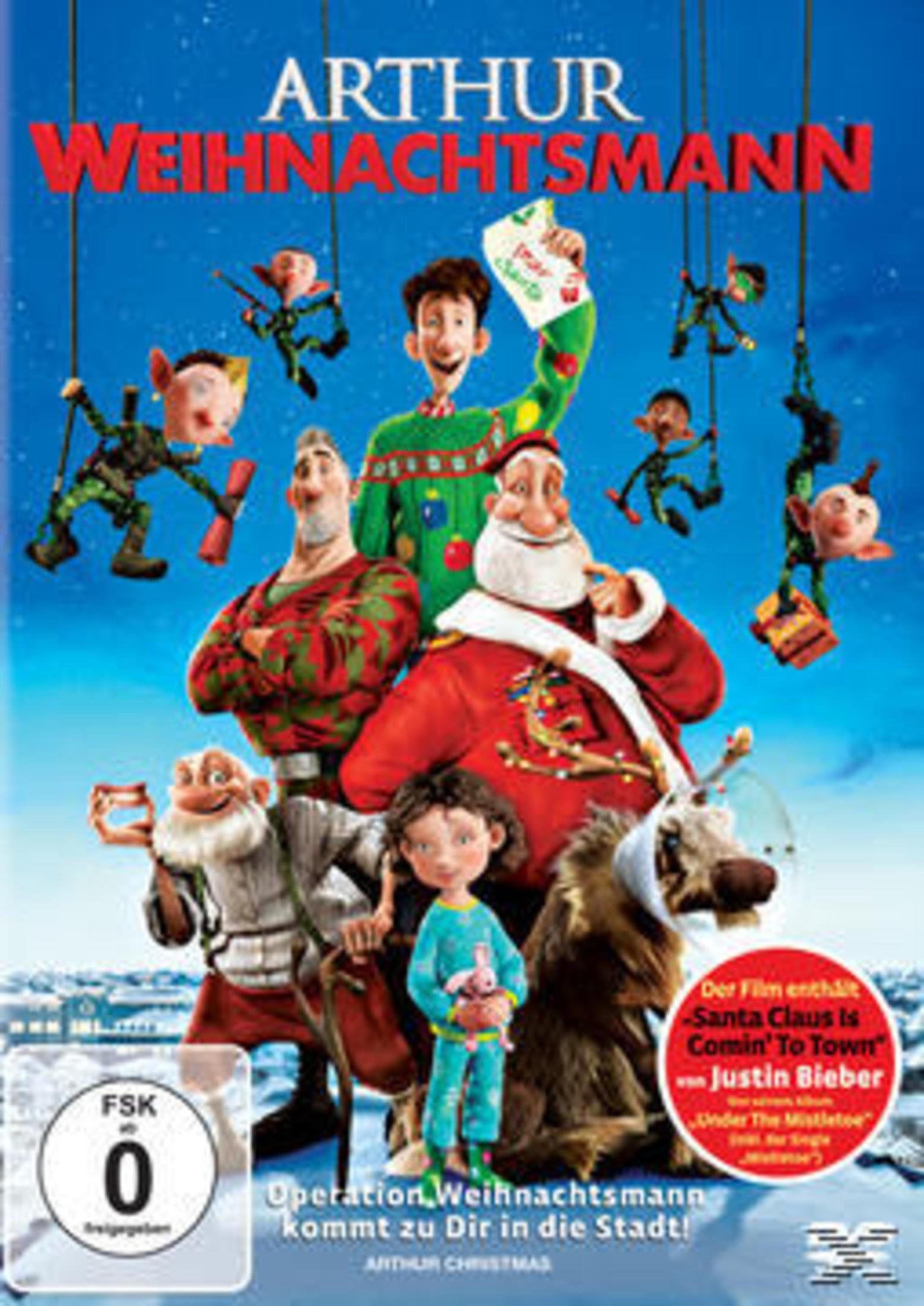 Filmposter zu Arthur Weihnachtsmann mit Weihnachtsmann, Familie und Elfen vor verschneitem Hintergrund.