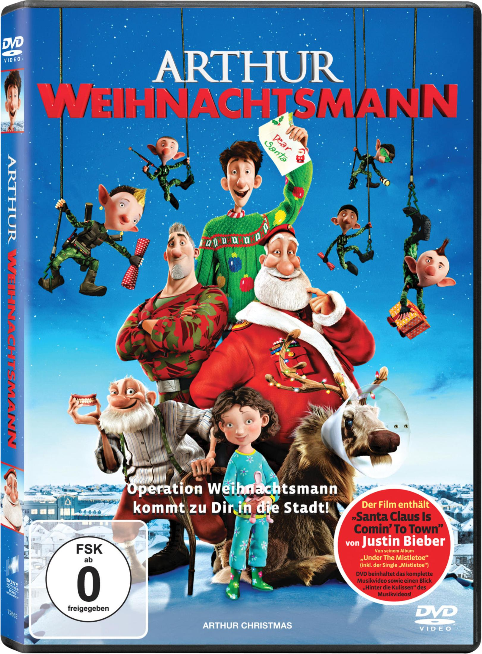 DVD-Cover von Arthur Weihnachtsmann mit Charakteren wie Santa Claus, Elfen und Arthur vor einem schneebedeckten Hintergrund.