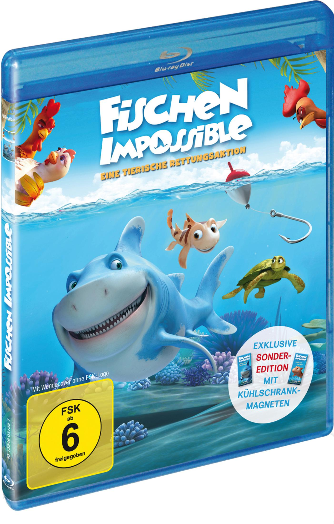 Blu-ray-Hülle des Animationsfilms Fischen Impossible mit Hai, Schildkröte und Fischen unter Wasser.