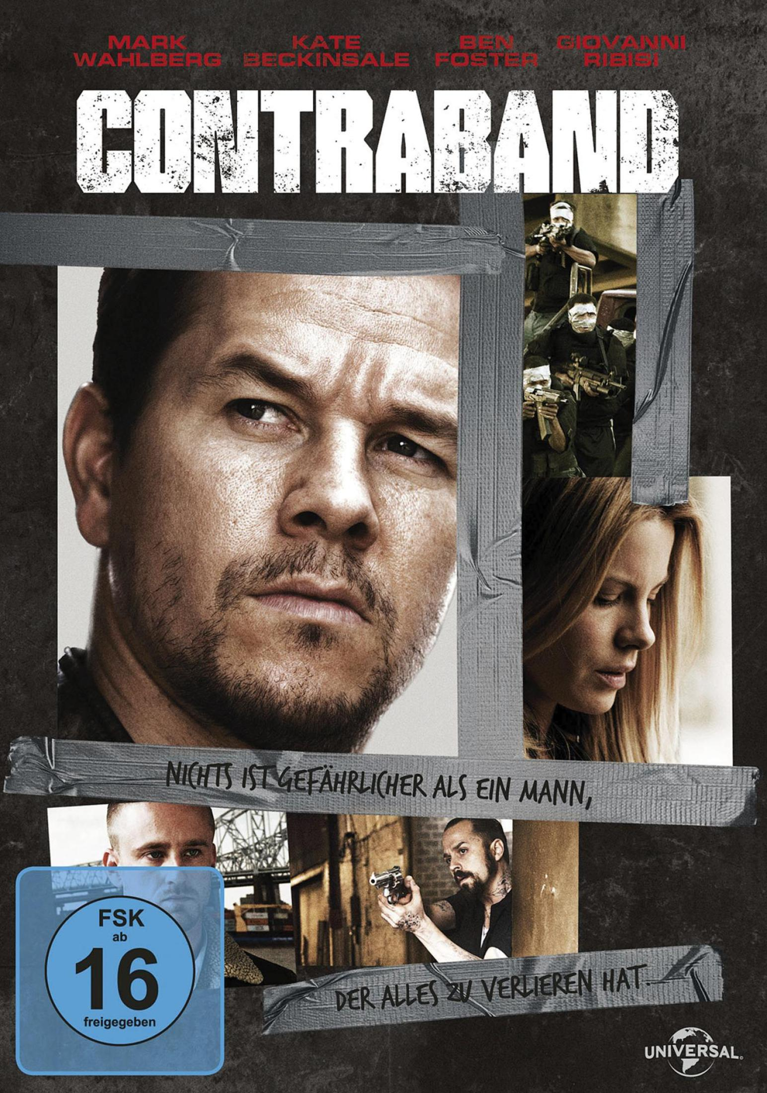 Filmplakat für Contraband mit Mark Wahlberg und auf dunklem Hintergrund festgeklebten Fotos.