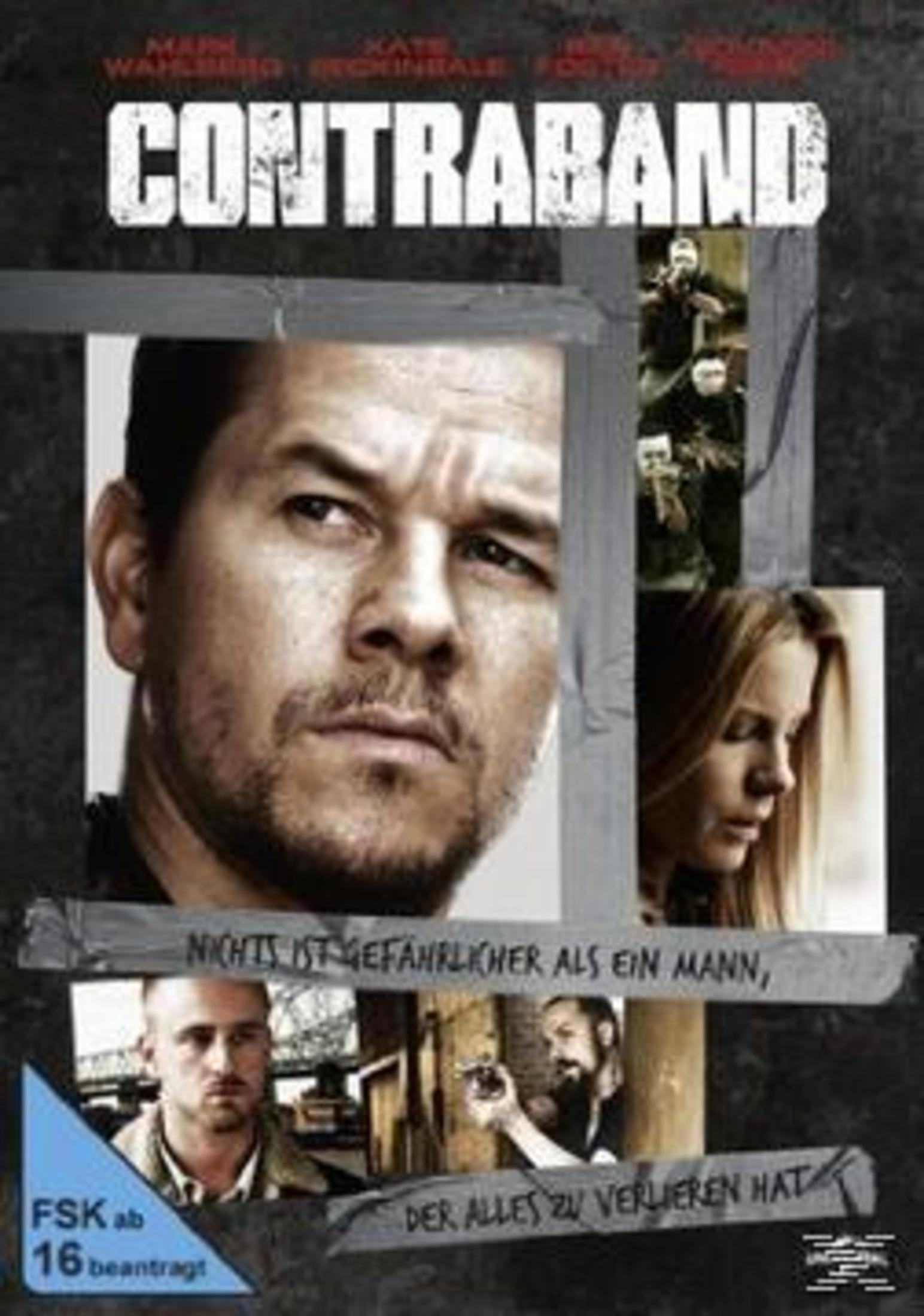 Filmplakat für Contraband mit Mark Wahlberg, Gesichtern und Action-Szenen, zusammengefügt mit Klebeband.