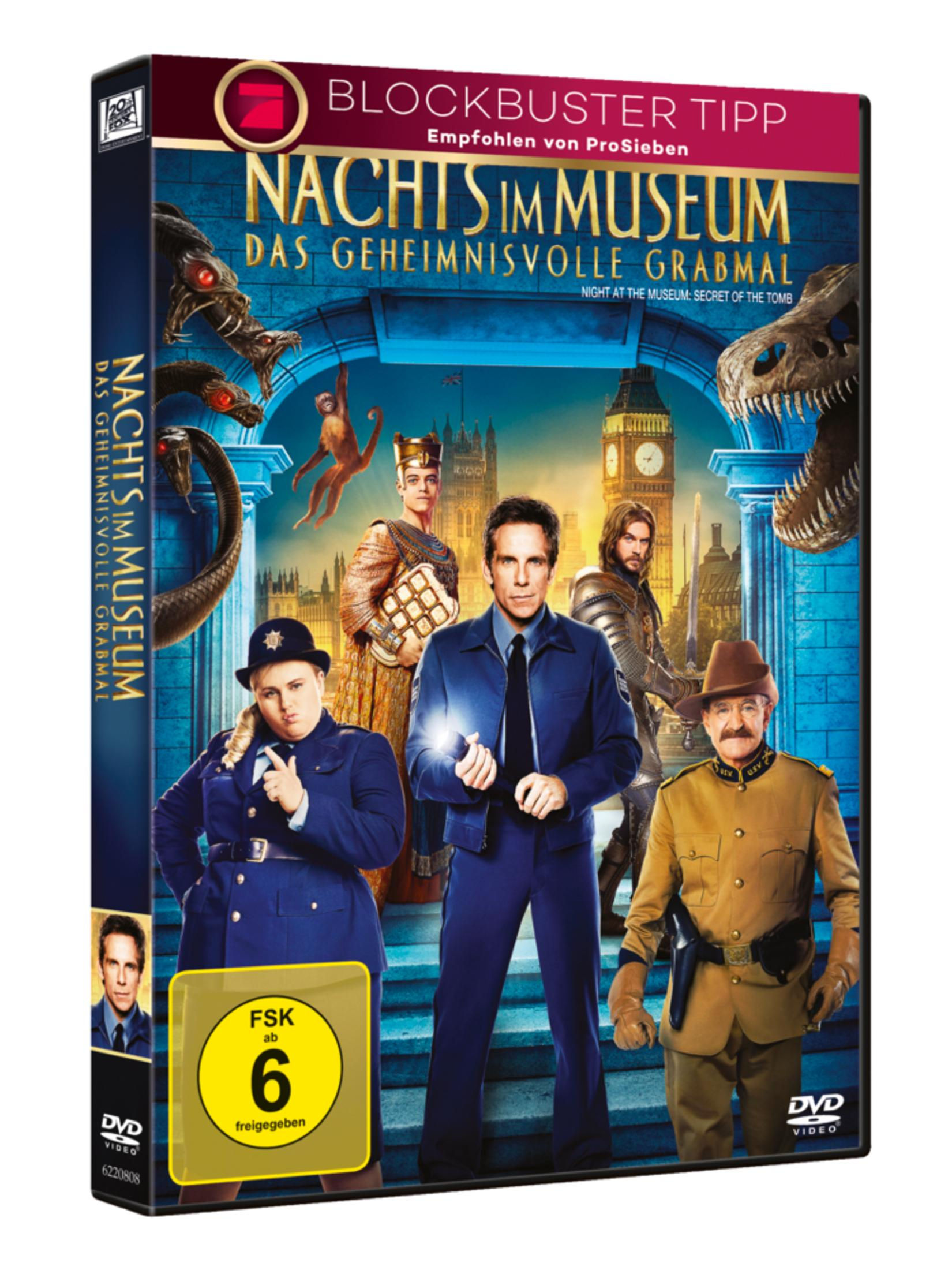 DVD-Cover von Nacht im Museum 3 mit Charakteren vor Londoner Hintergrund.
