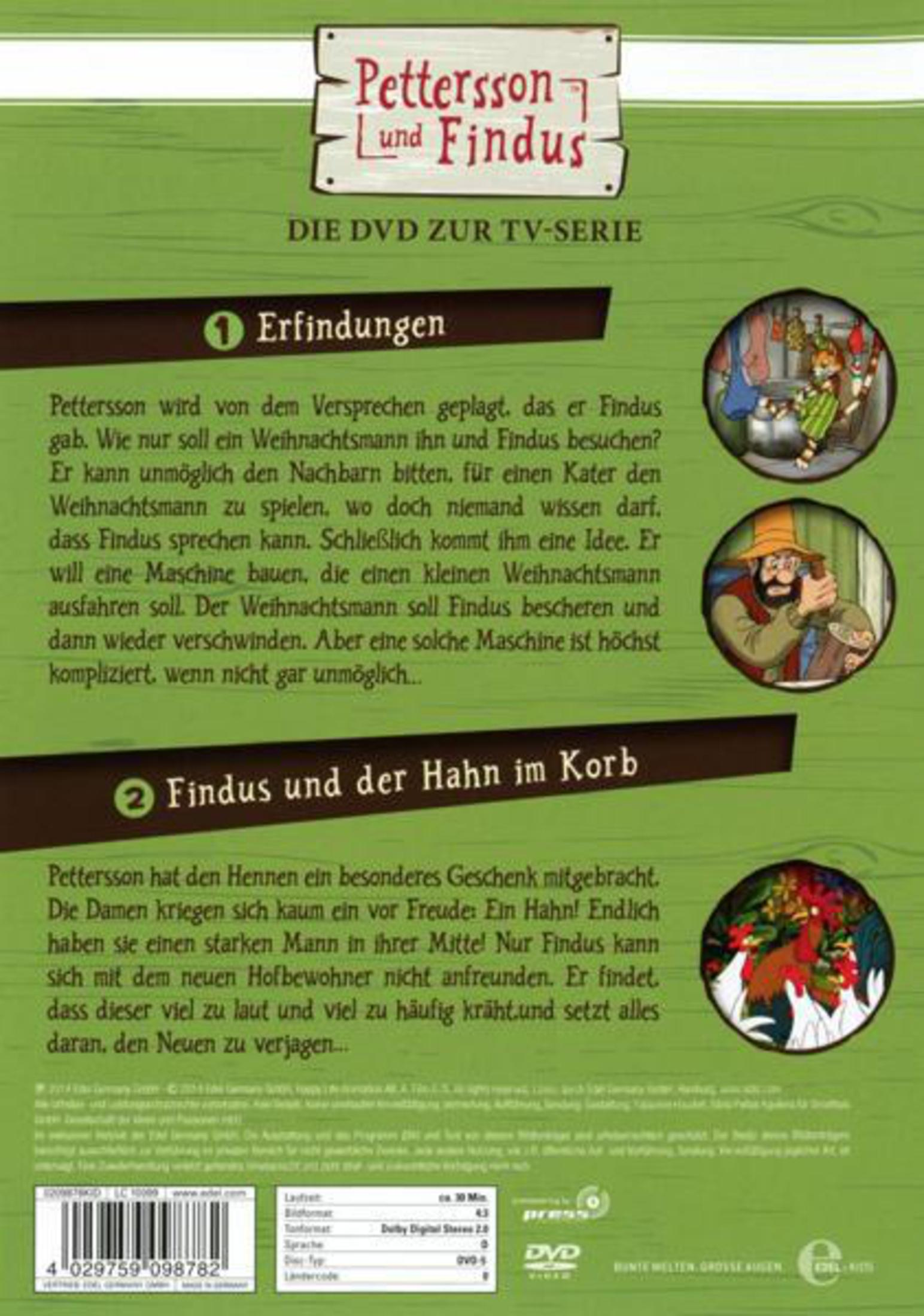DVD-Rückseite von Pettersson und Findus mit Text, Bildern und Barcode auf grünem Hintergrund.