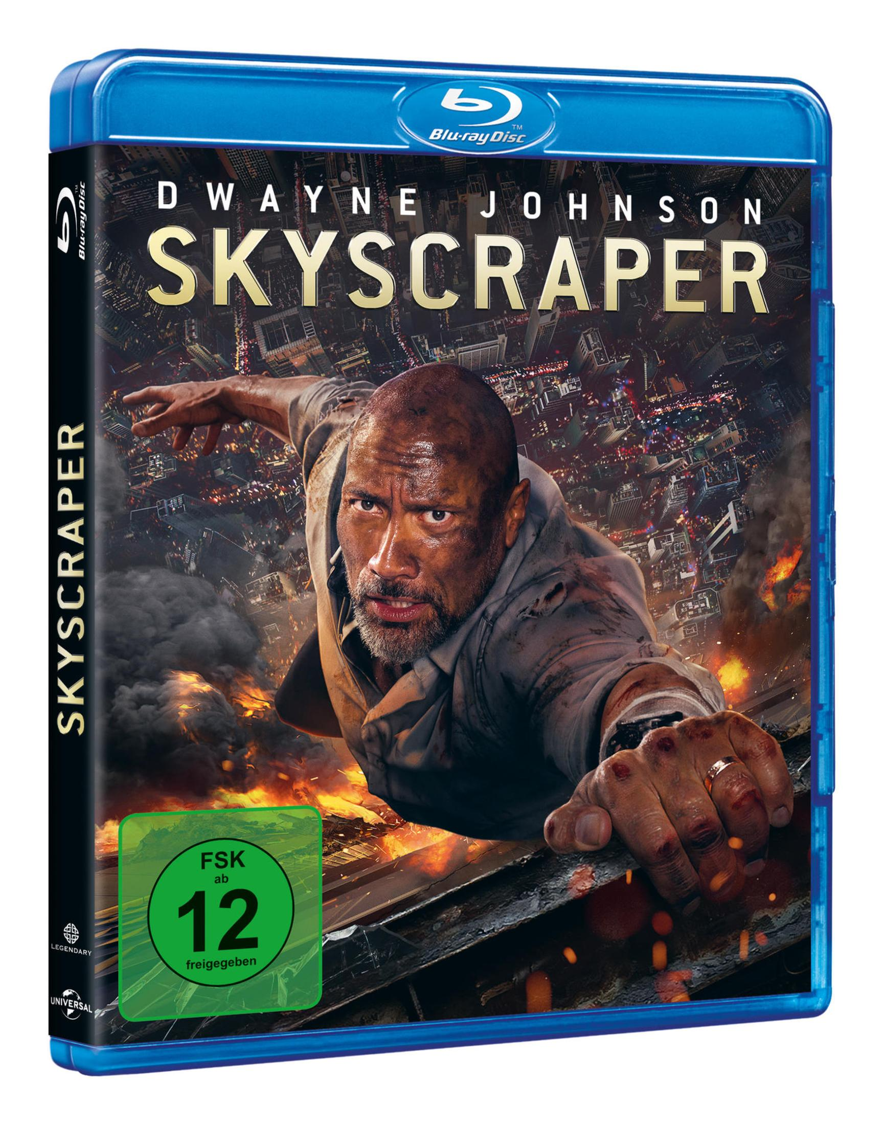 Blu-ray-Hülle des Films Skyscraper mit Dwayne Johnson vor brennender Skyline.